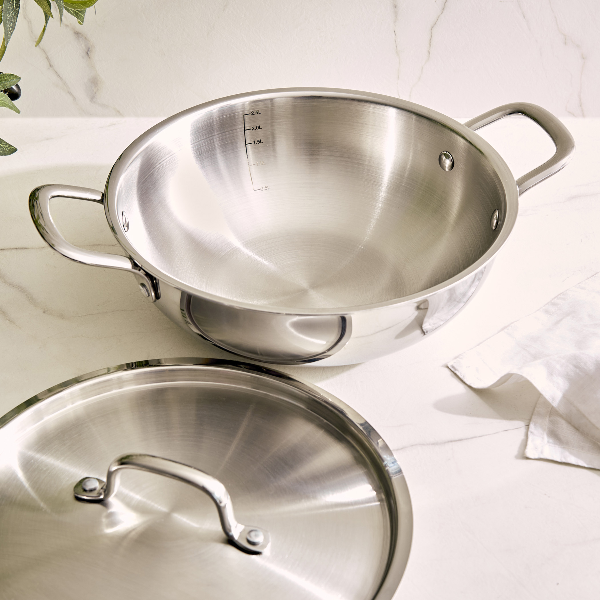 Valeria Carin Tri-Ply Stainless Steel Induction Compatible Kadhai with Lid - 2.5L in Silver