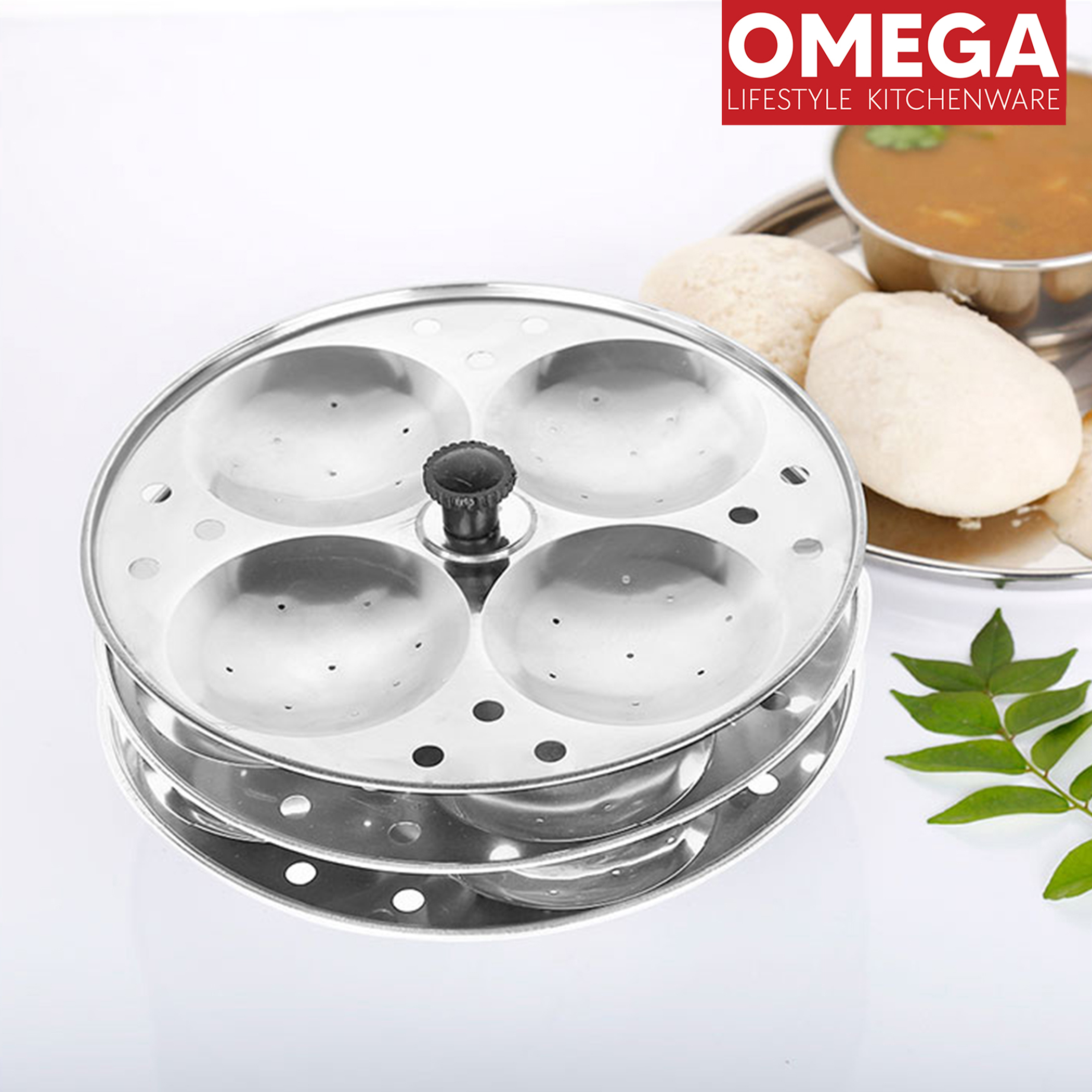 OMEGA Stainless Steel 3-Plate Idli Stand (12 Idli Slots) in Silver