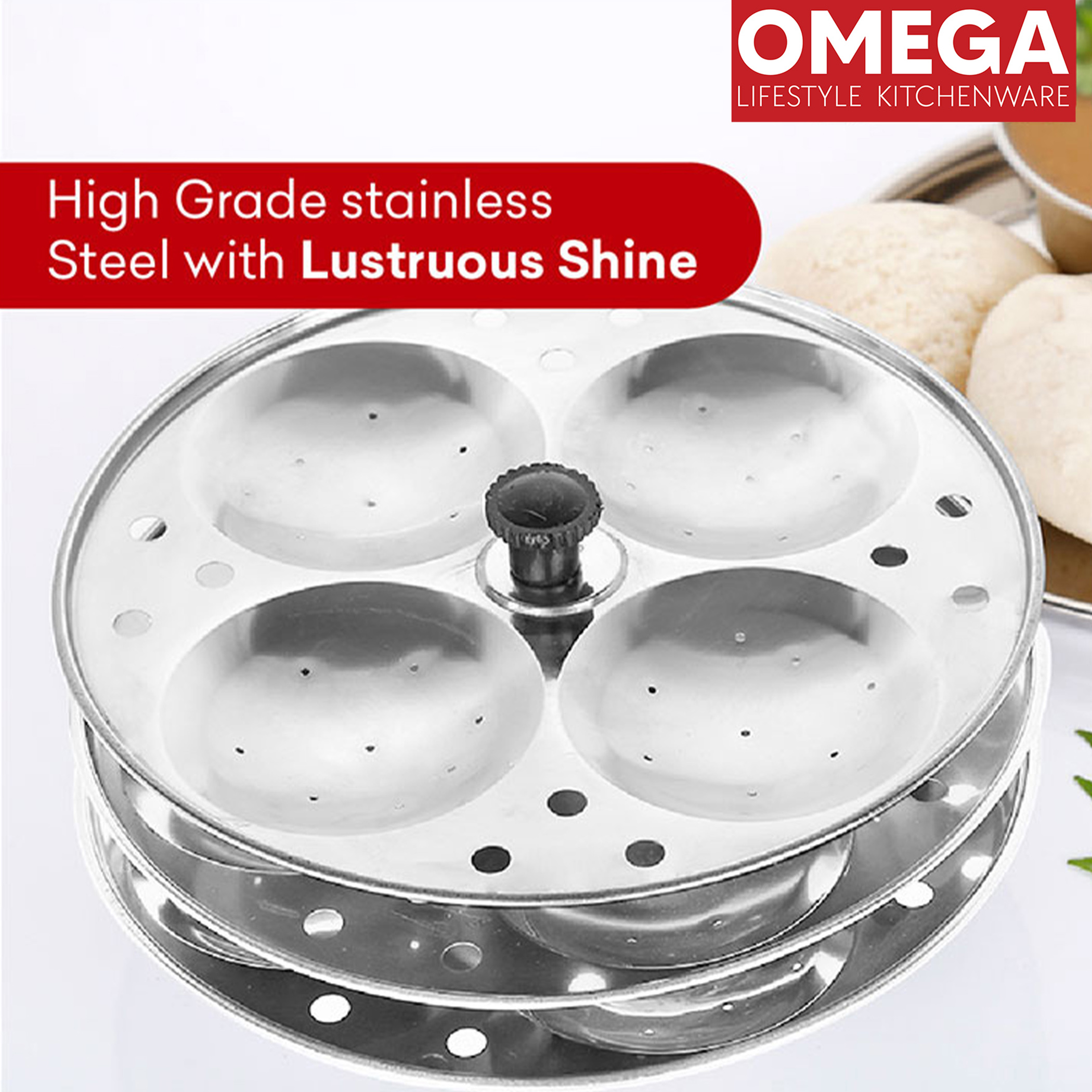 OMEGA Stainless Steel 3-Plate Idli Stand (12 Idli Slots) in Silver