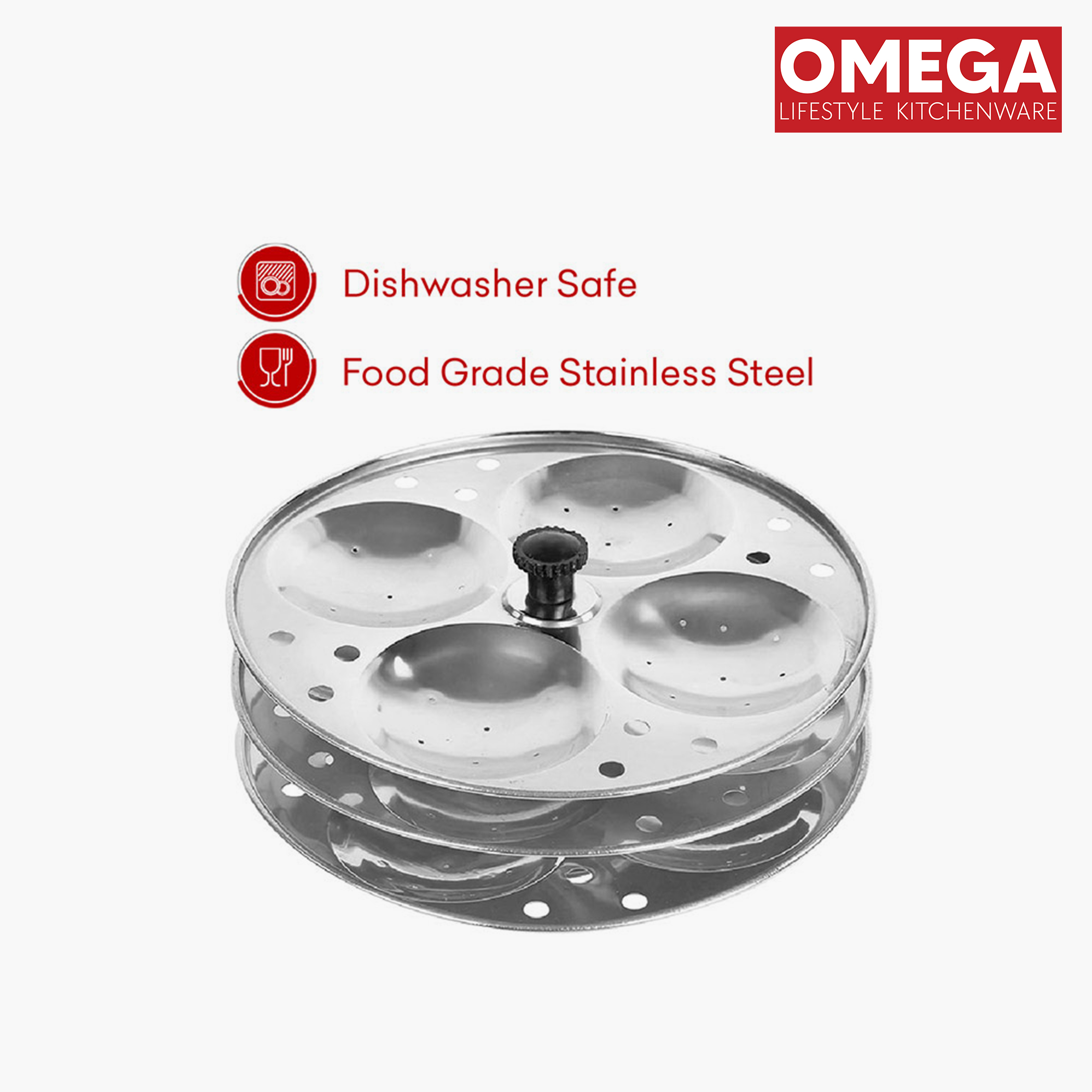 OMEGA Stainless Steel 3-Plate Idli Stand (12 Idli Slots) in Silver