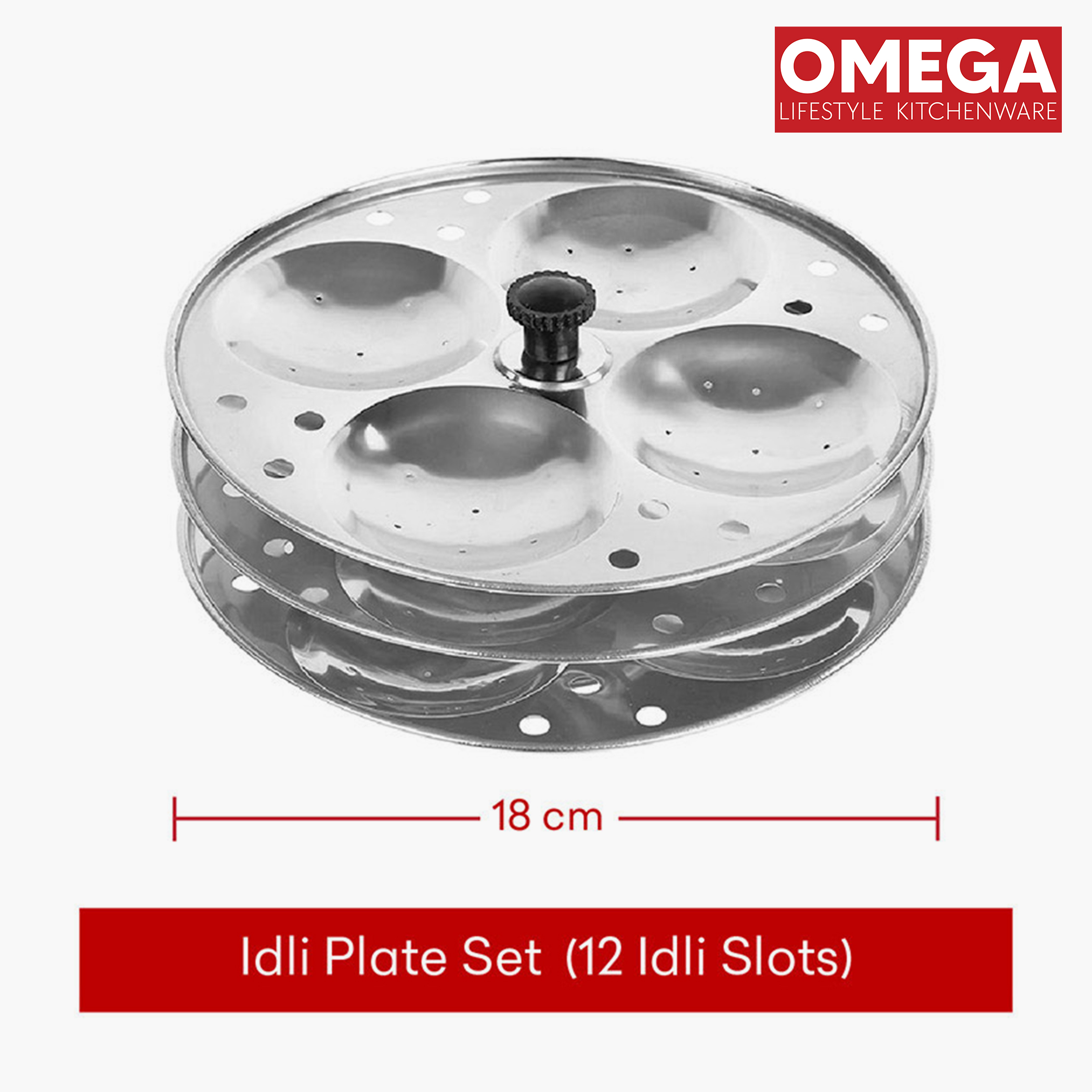 OMEGA Stainless Steel 3-Plate Idli Stand (12 Idli Slots) in Silver