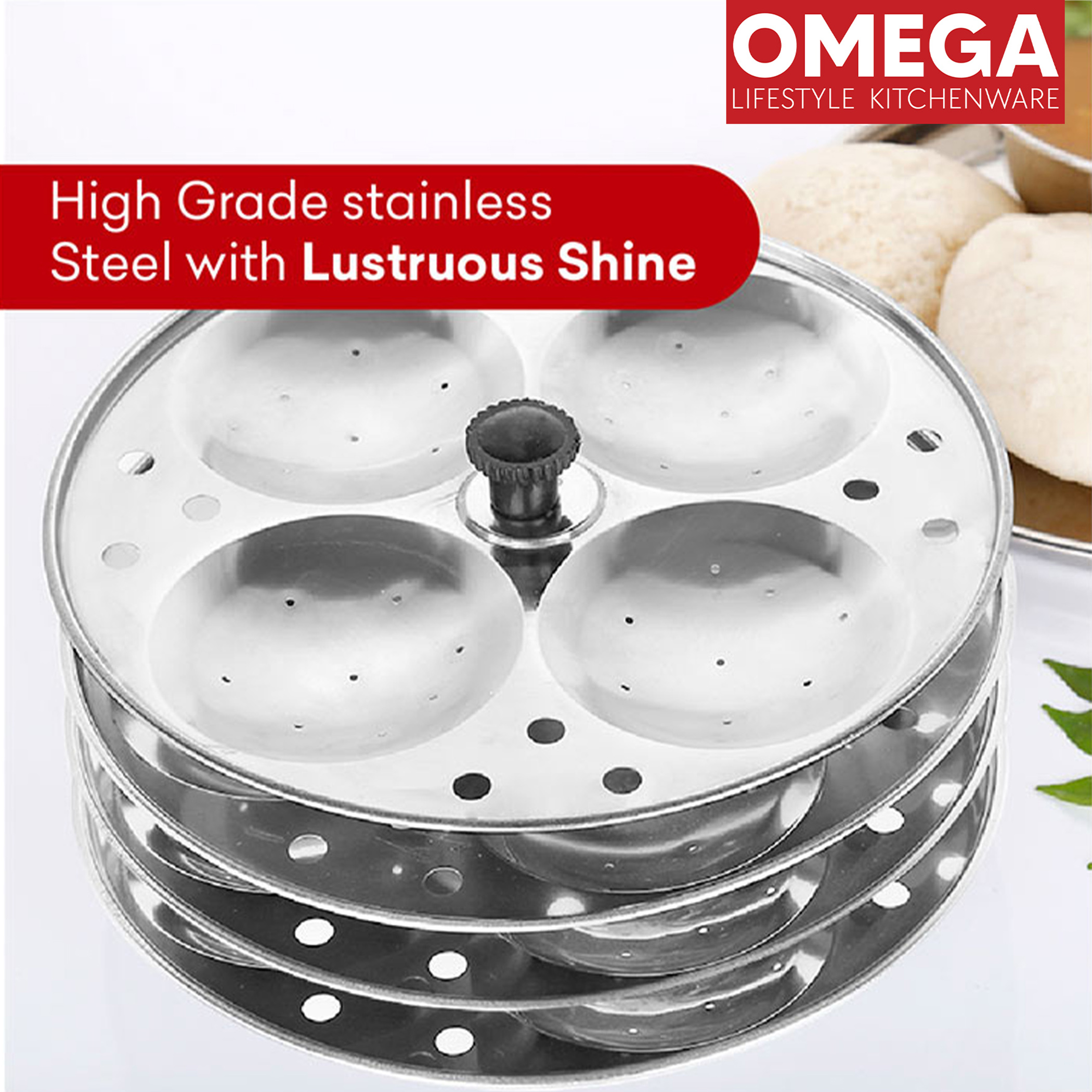 OMEGA Stainless Steel 3-Plate Idli Stand (16 Idli Slots) in Silver