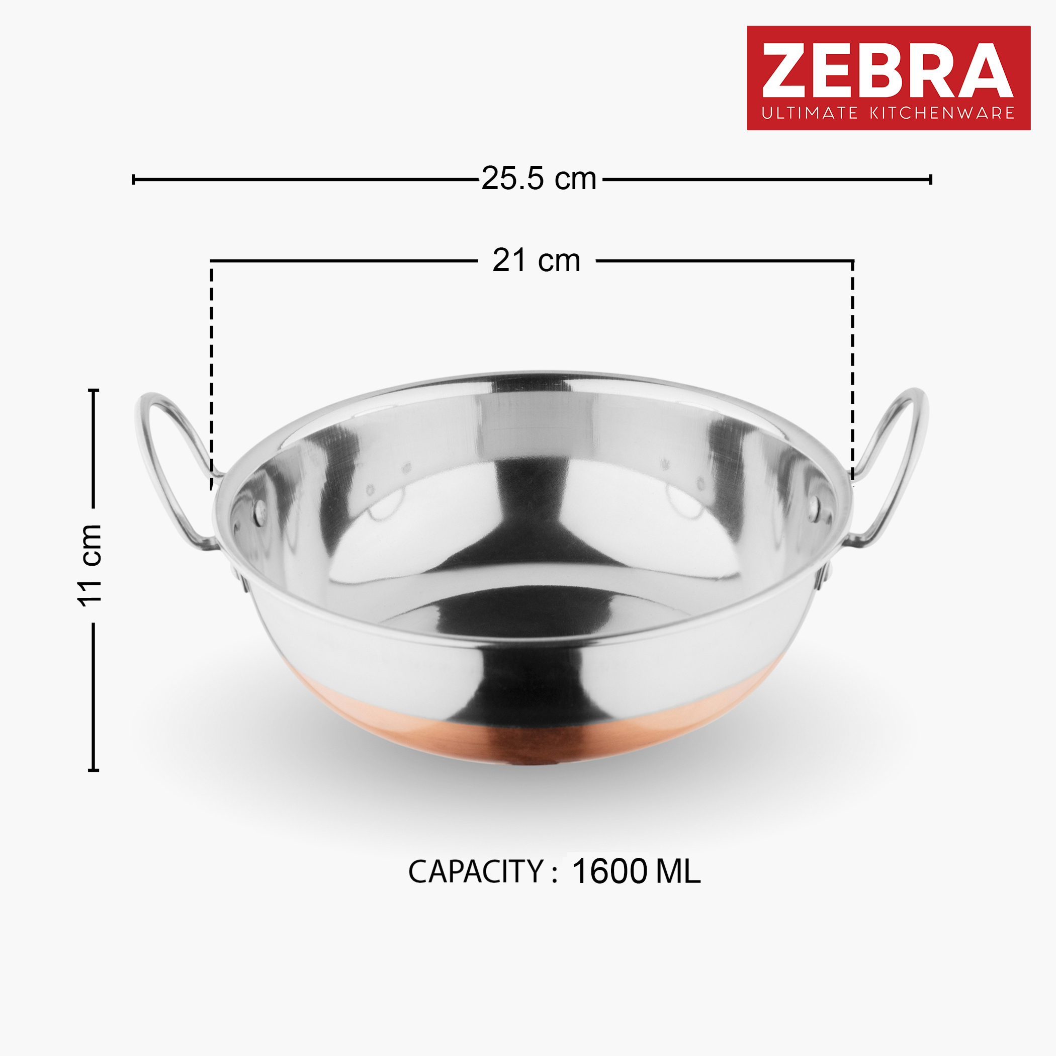 ZEBRA Stainless Steel Copper Bottom Kadai - 1.6 L in Silver