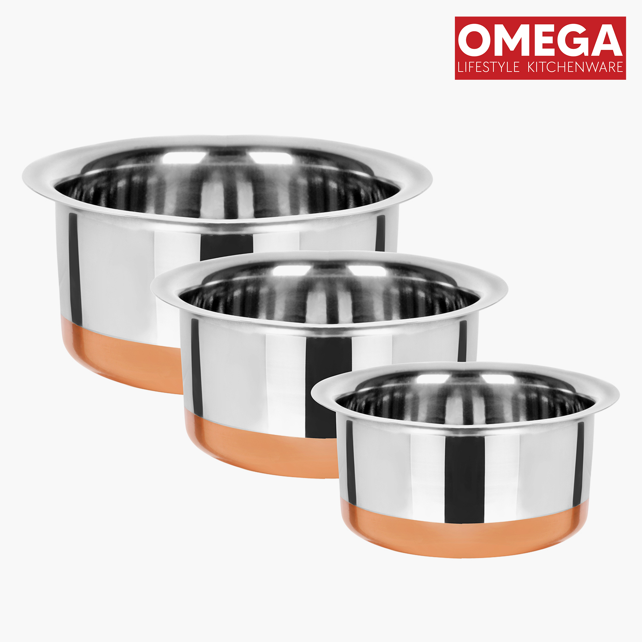 OMEGA Set of 3 Stainless Steel Copper Bottom Topes (1.1L, 1.5L, 2L) in Silver