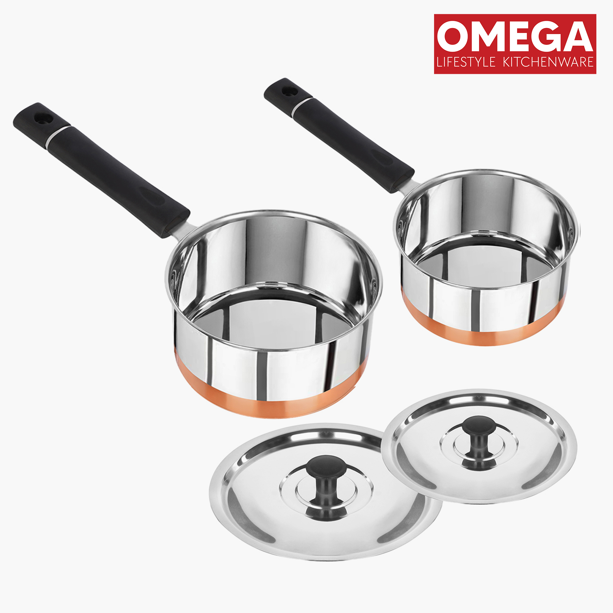 OMEGA Set of 2 Stainless Steel Sauce Pan with Lid in Silver