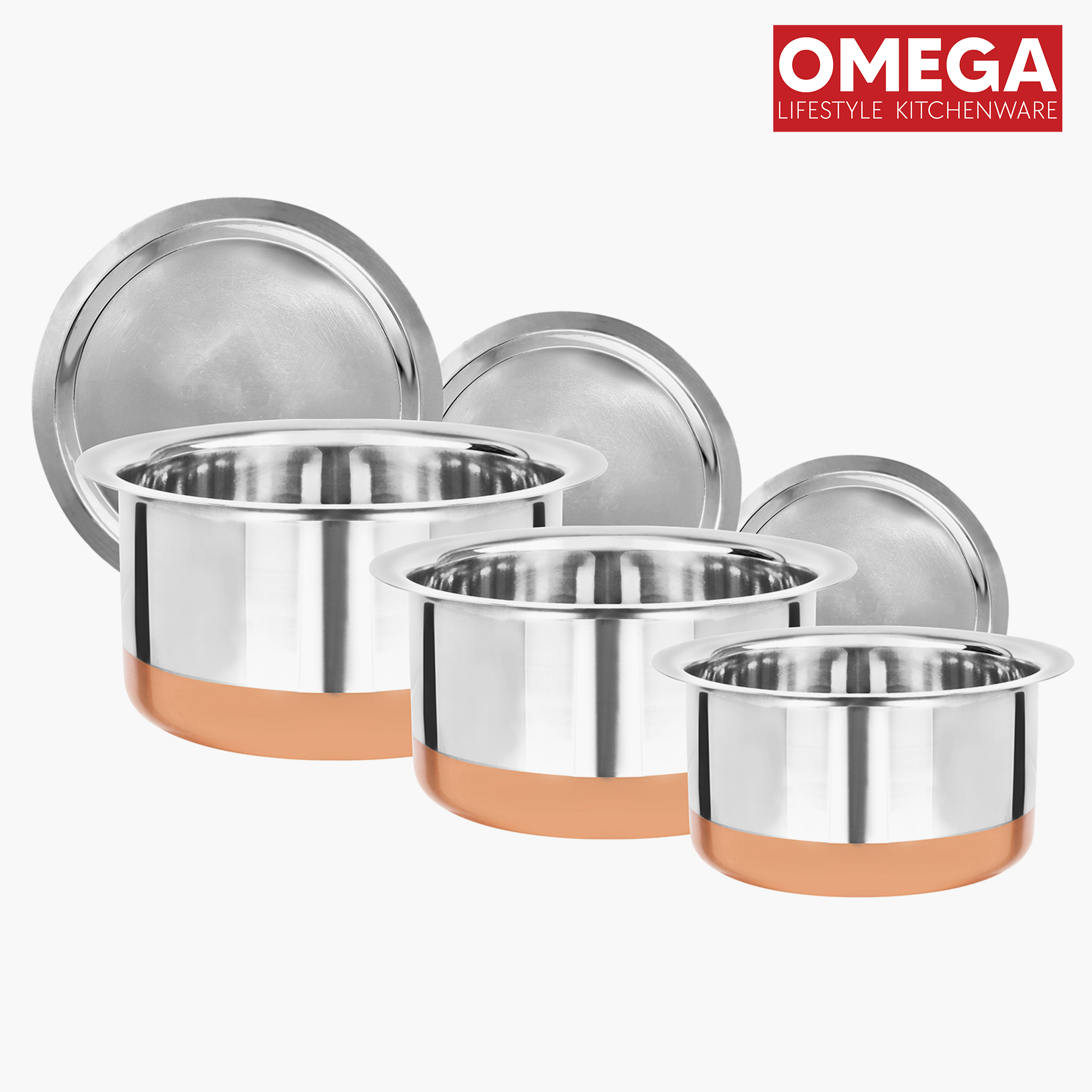 OMEGA Set of 3 Stainless Steel Copper Bottom Topes with Lids in Silver