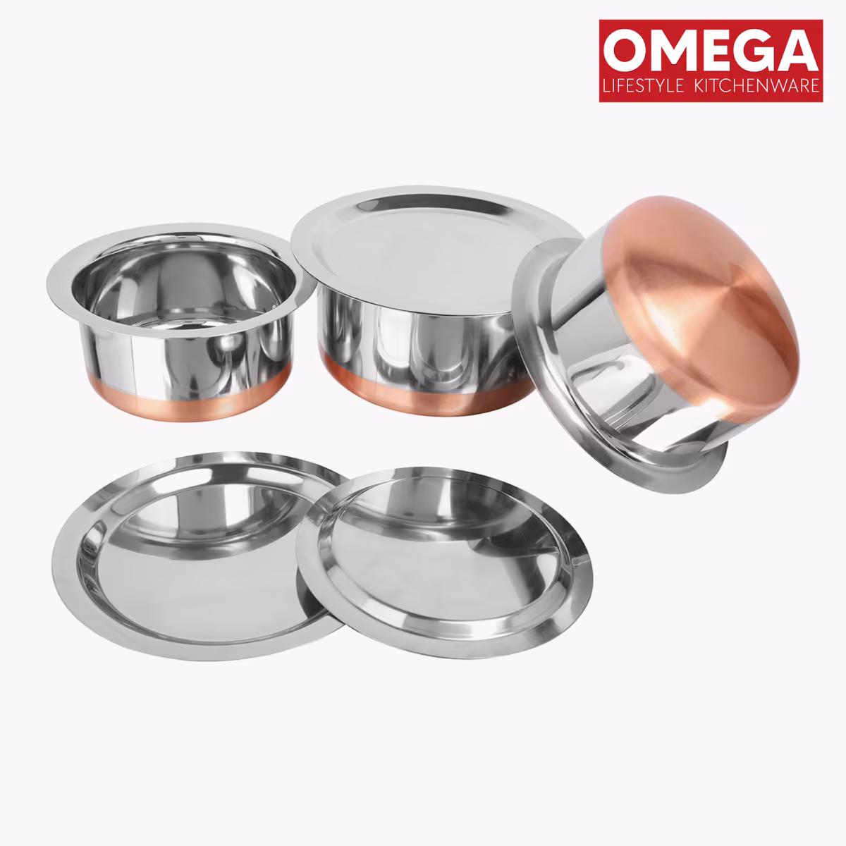 OMEGA Set of 3 Stainless Steel Copper Bottom Topes with Lids in Silver
