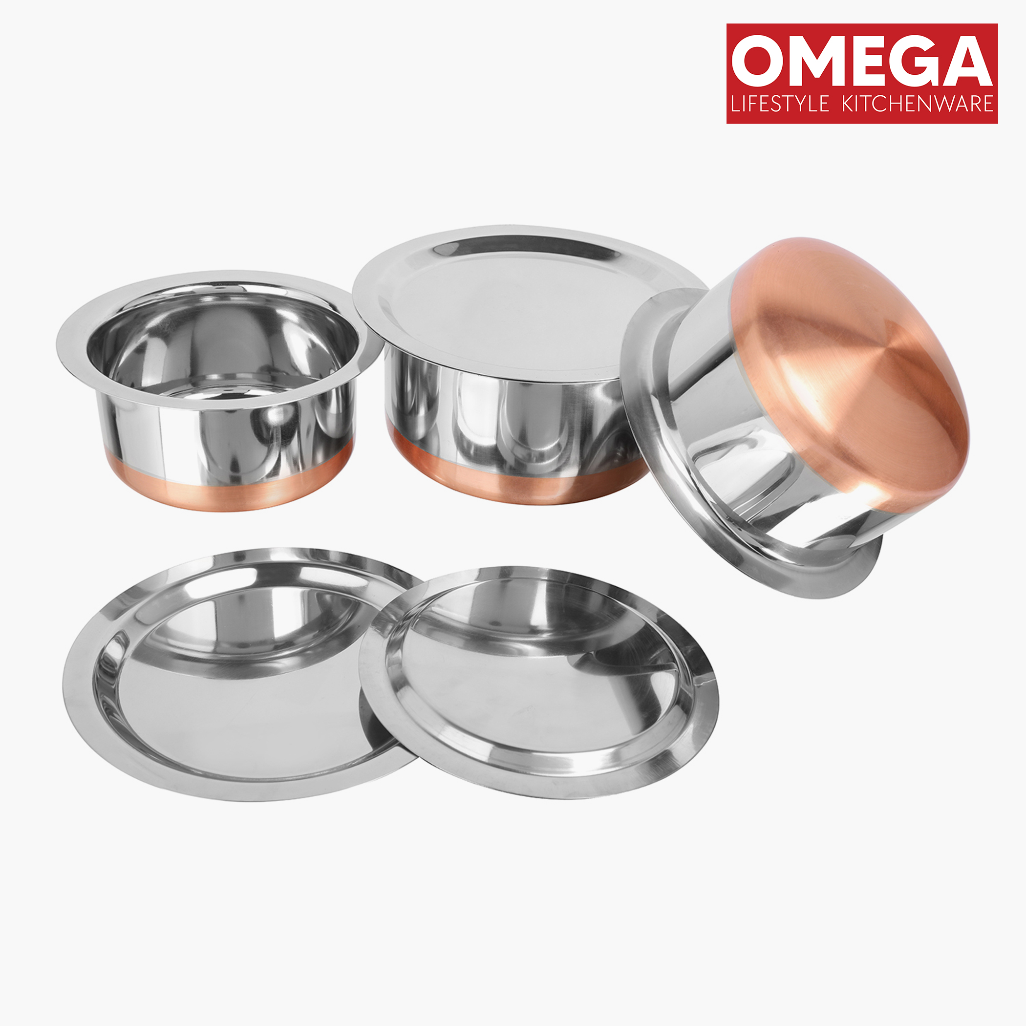 OMEGA Set of 3 Stainless Steel Copper Bottom Topes with Lids in Silver