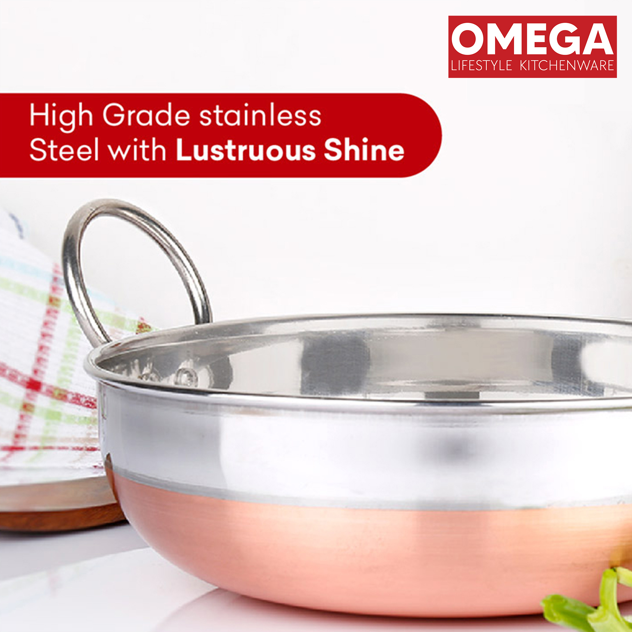 OMEGA Stainless Steel Copper Bottom Kadai - 1.2L in Silver