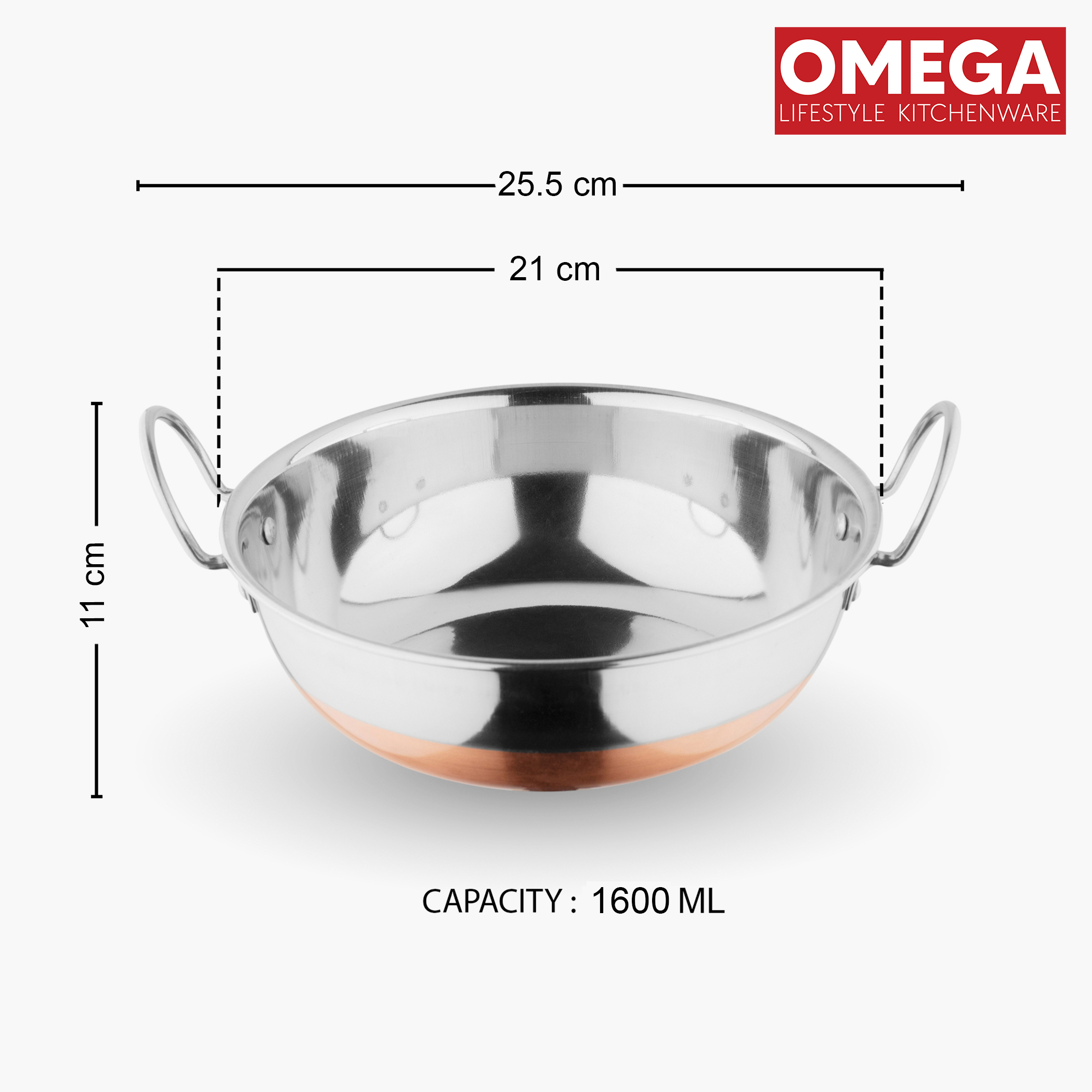 OMEGA Stainless Steel Copper Bottom Kadhai - 1.6L in Silver