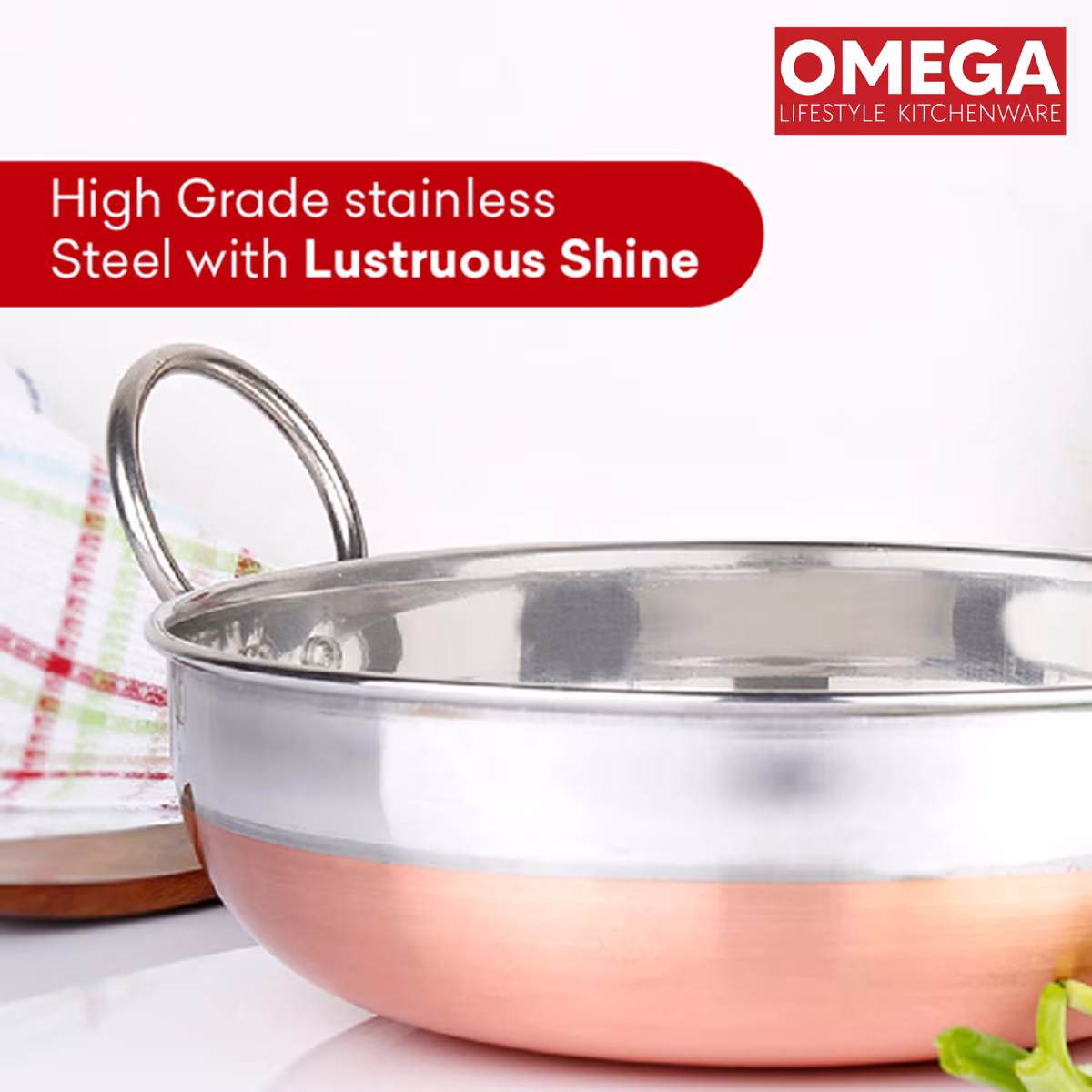 OMEGA Stainless Steel Copper Bottom Kadai - 2.3L in Silver