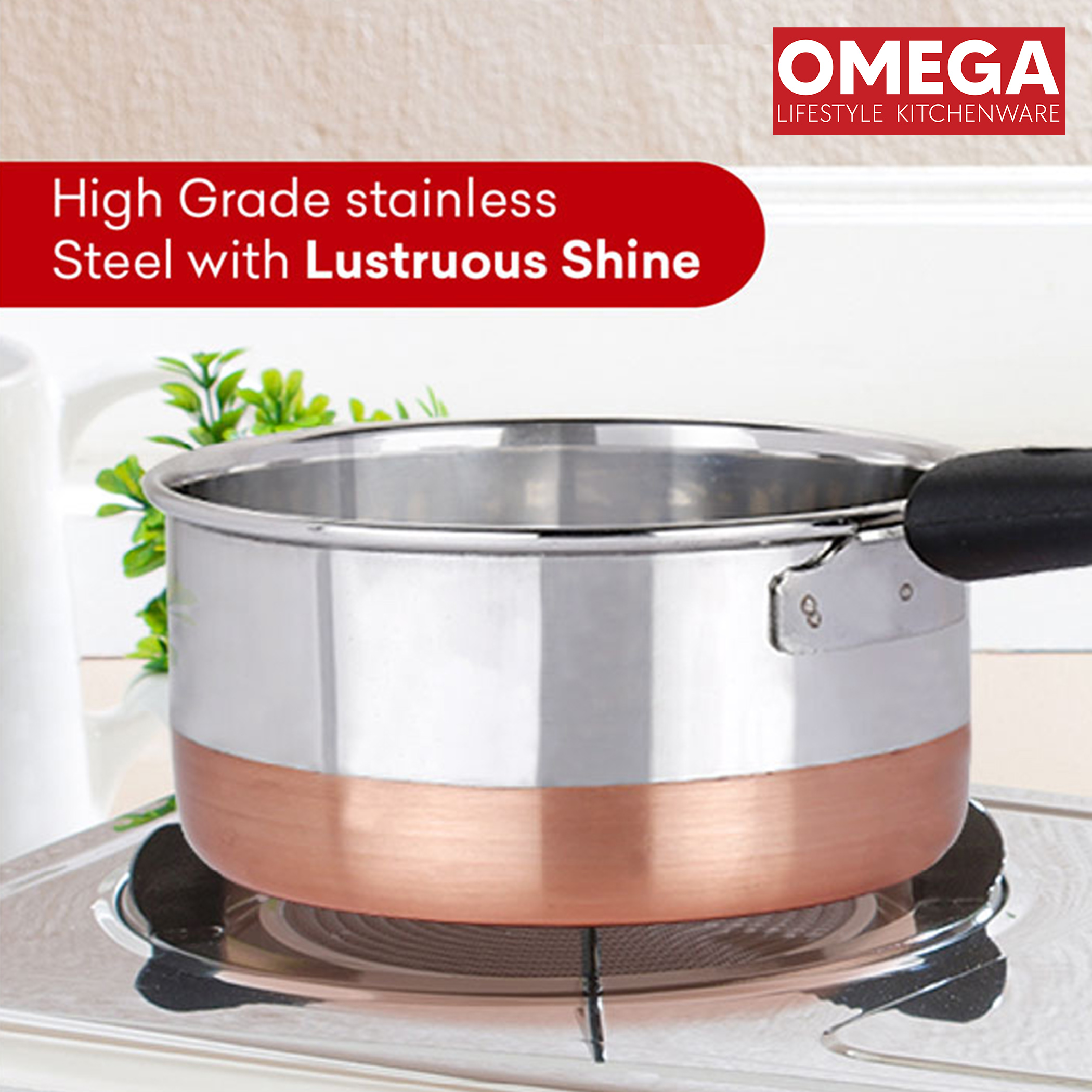 OMEGA Stainless Steel Copper Bottom Saucepan - 1.2L in Silver