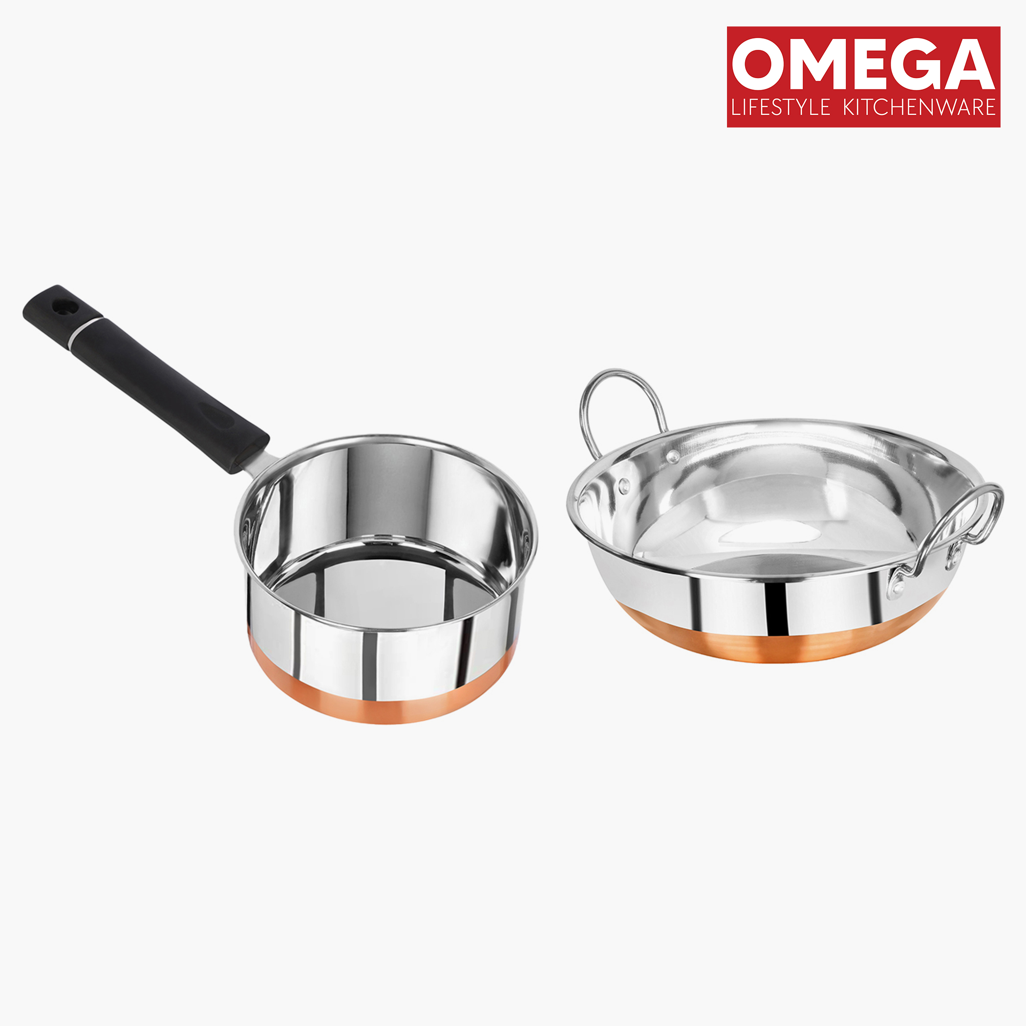 OMEGA Elite 2Pcs Stainless Steel Copper Bottom Cookware Set in Silver