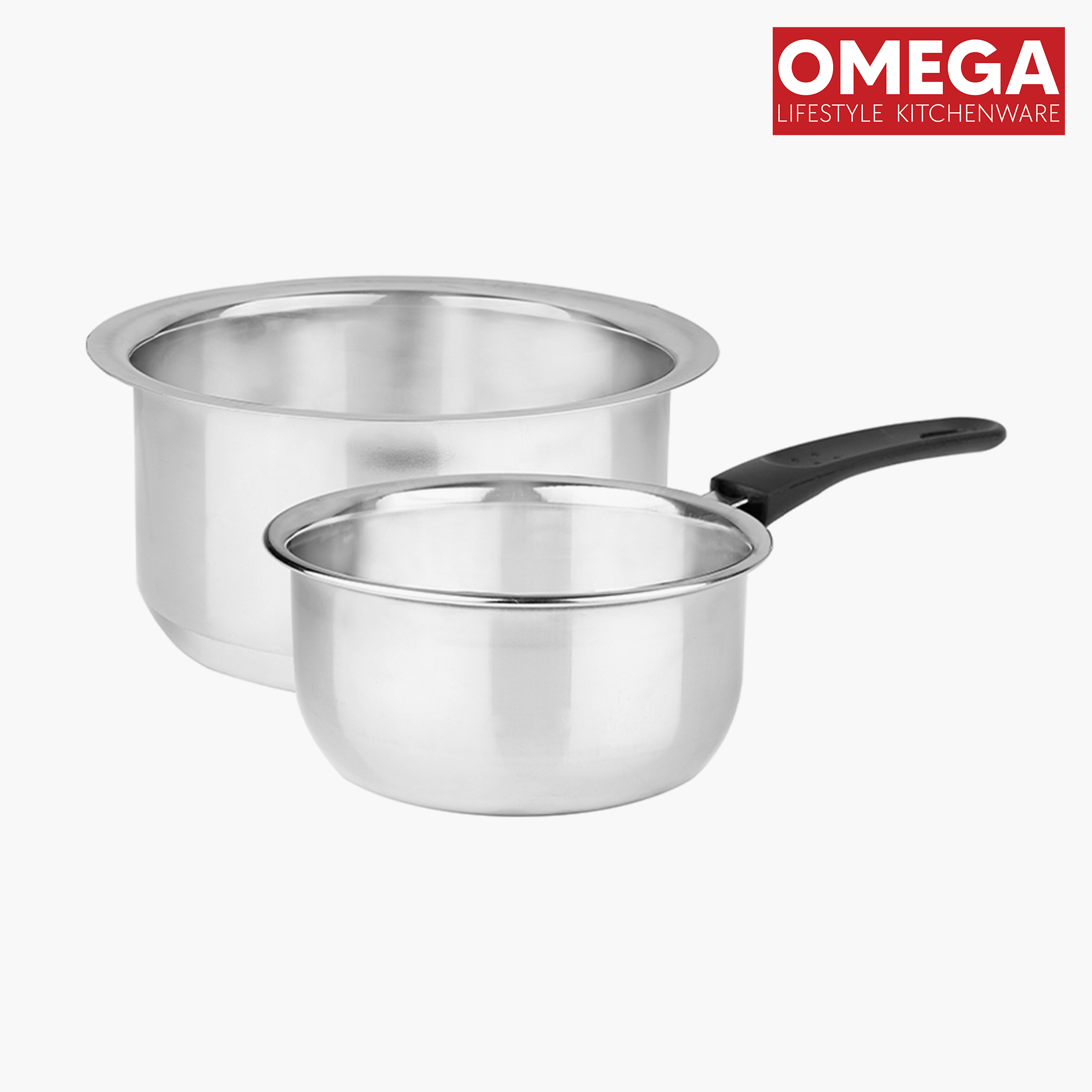 OMEGA 2Pcs Stainless Steel Flat Bottom Cookware Set in Silver