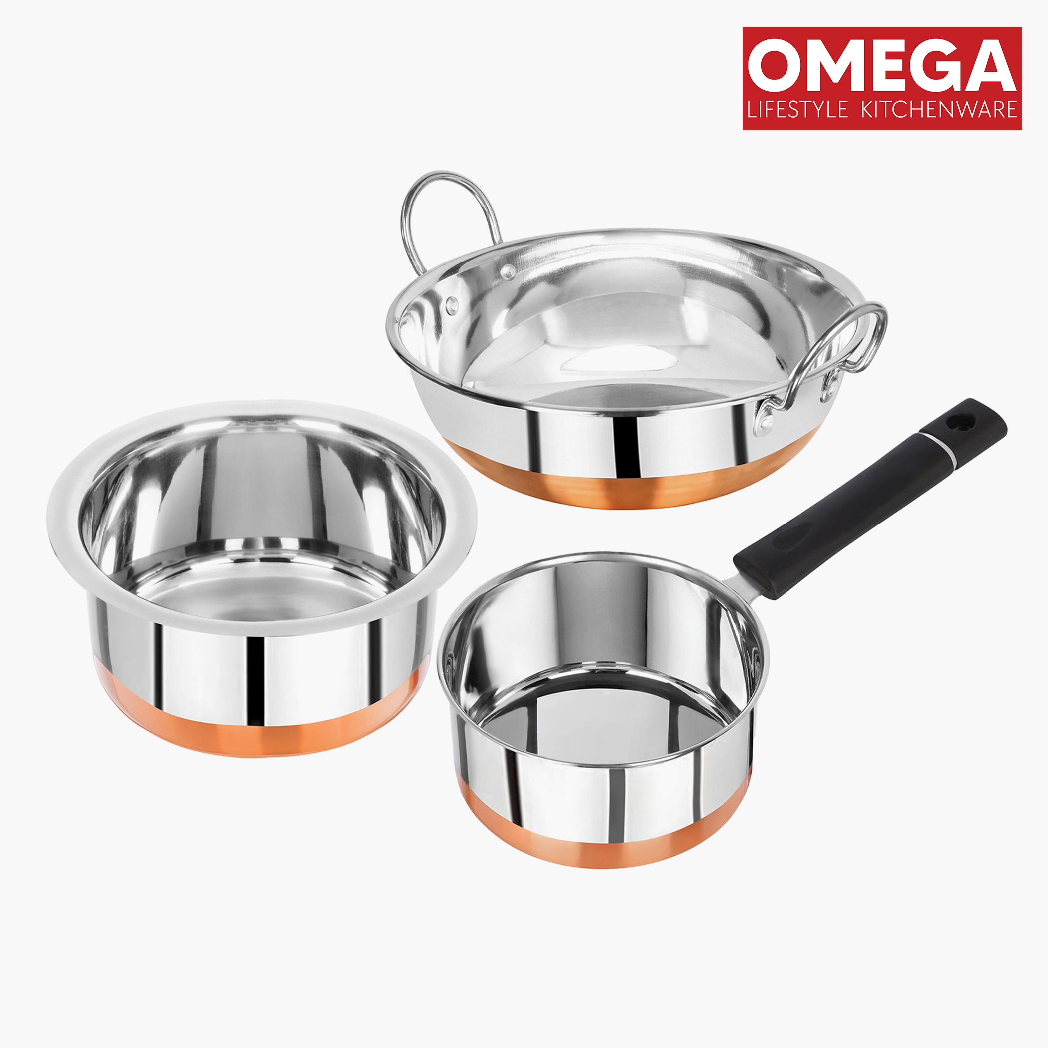 OMEGA 3Pcs Stainless Steel Copper Bottom Cookware Set in Silver