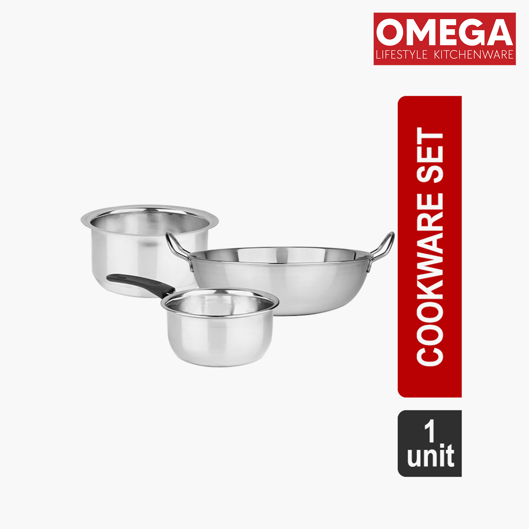 OMEGA 3Pcs Stainless Steel Flat Bottom Cookware Set in Silver