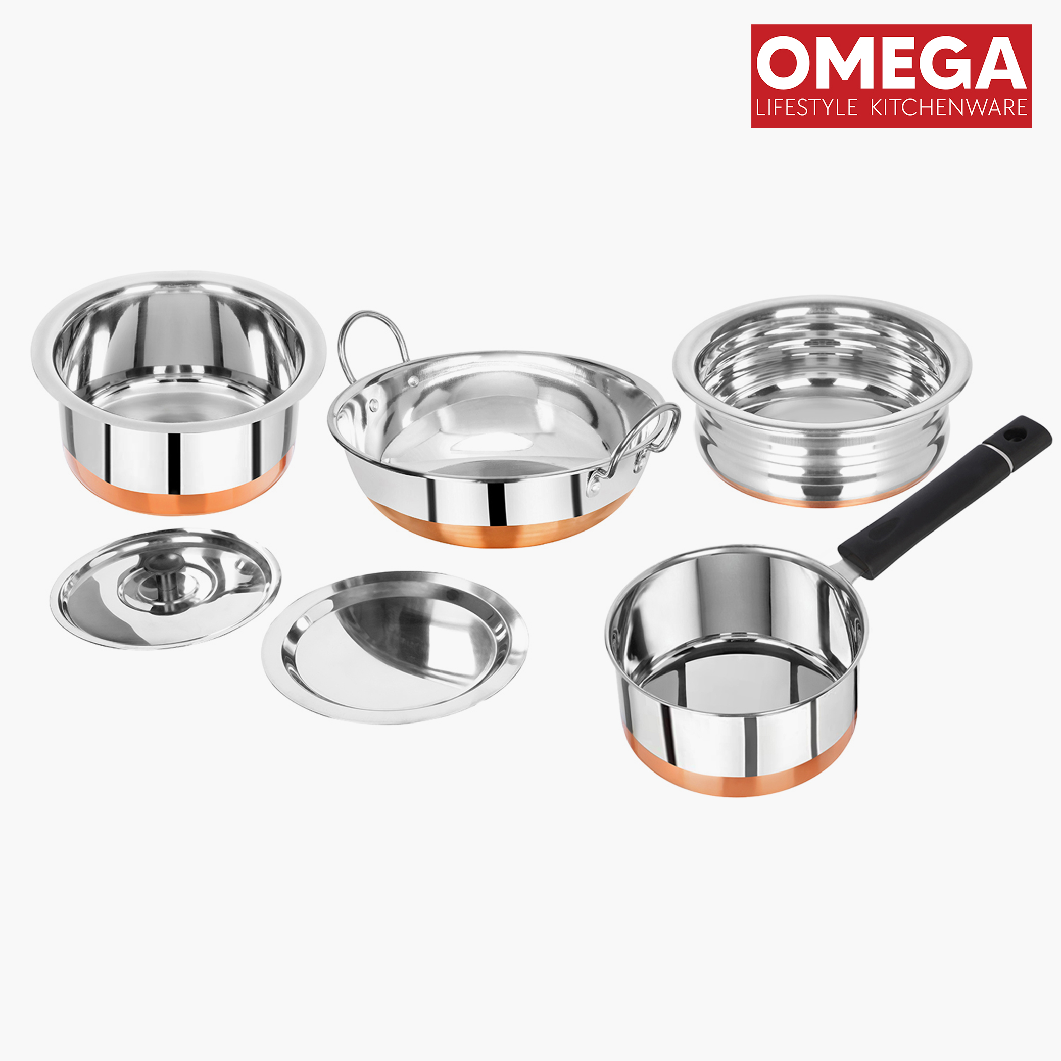 OMEGA Deluxe 6Pcs Stainless Steel Copper Bottom Cookware Set in Silver