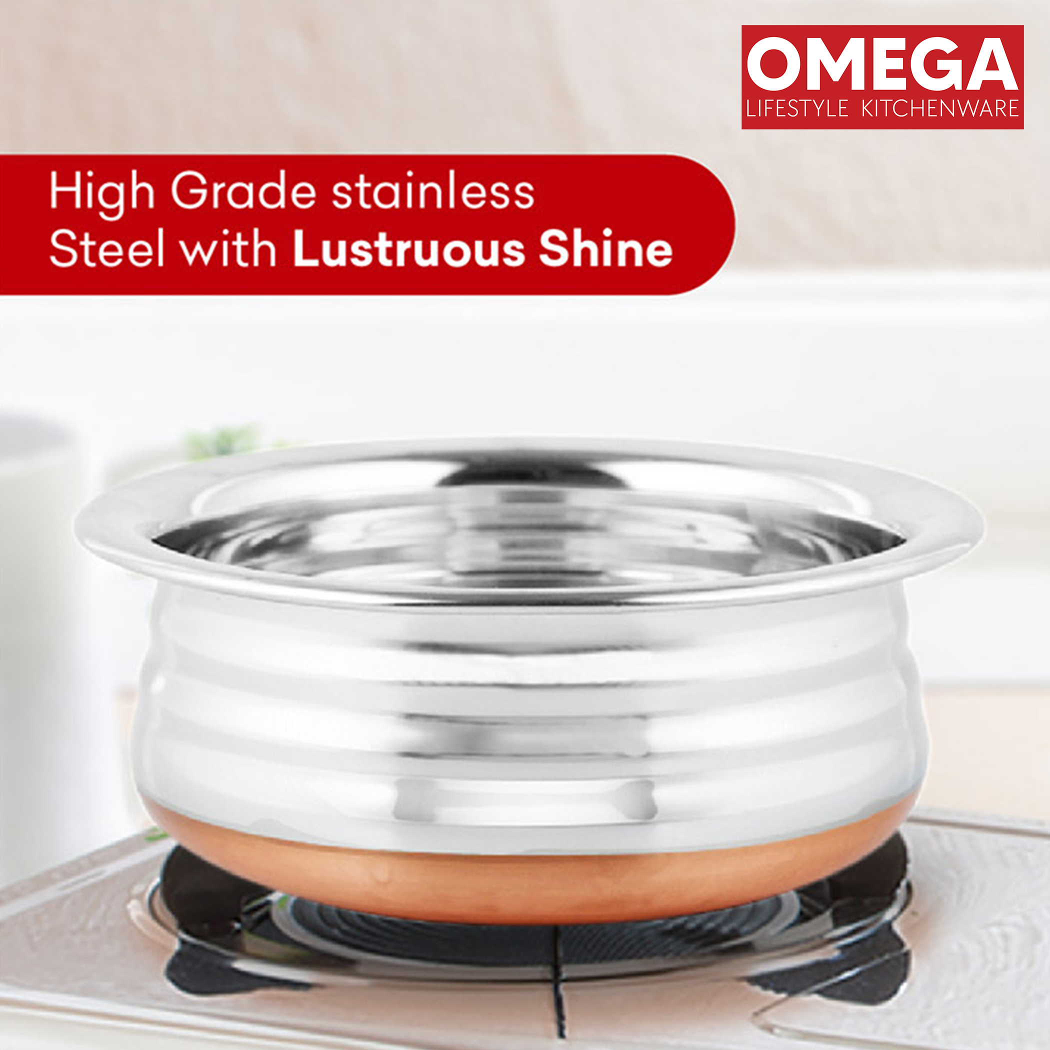 OMEGA Deluxe 6Pcs Stainless Steel Copper Bottom Cookware Set in Silver
