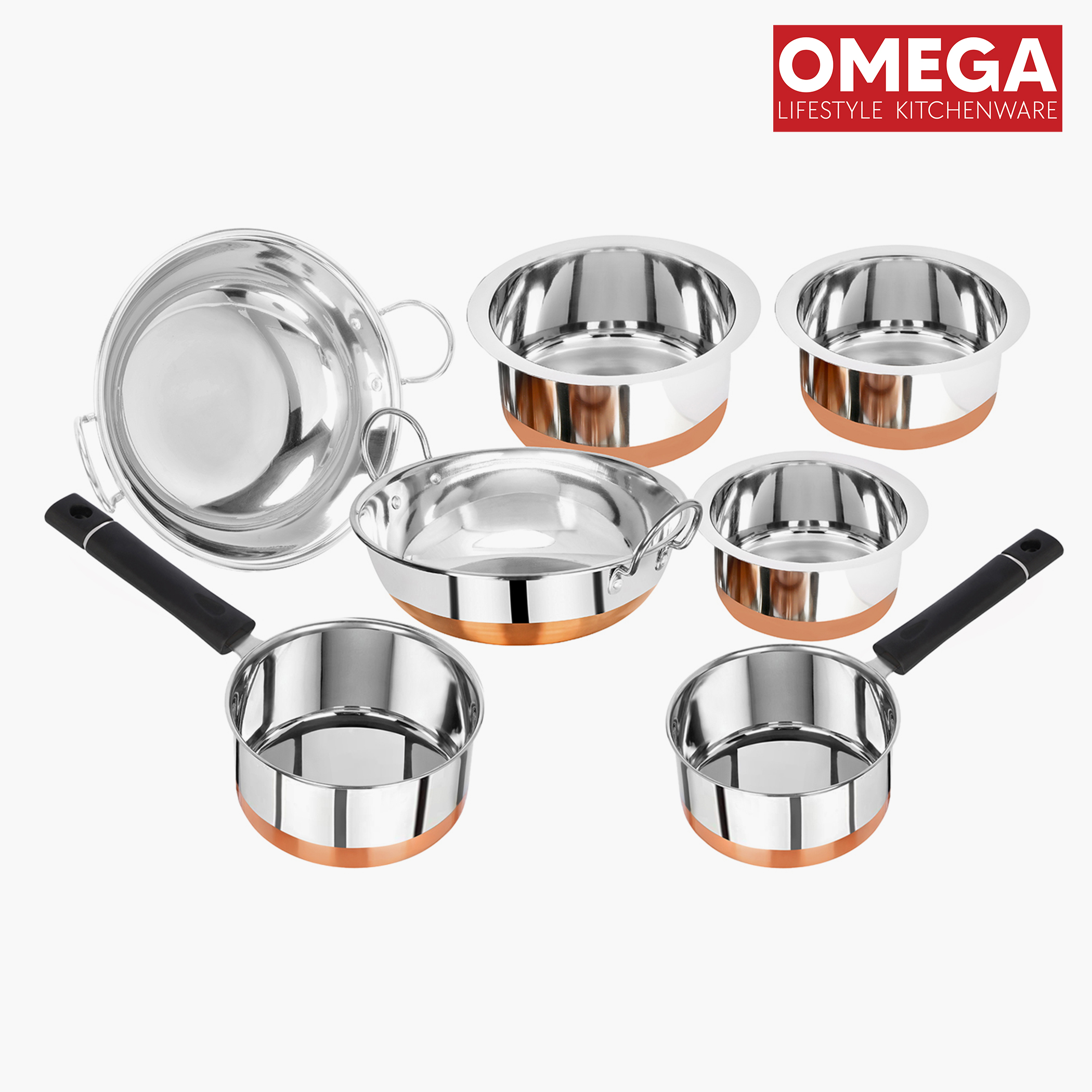 OMEGA 7Pcs Stainless Steel Copper Bottom Cookware Set in Silver