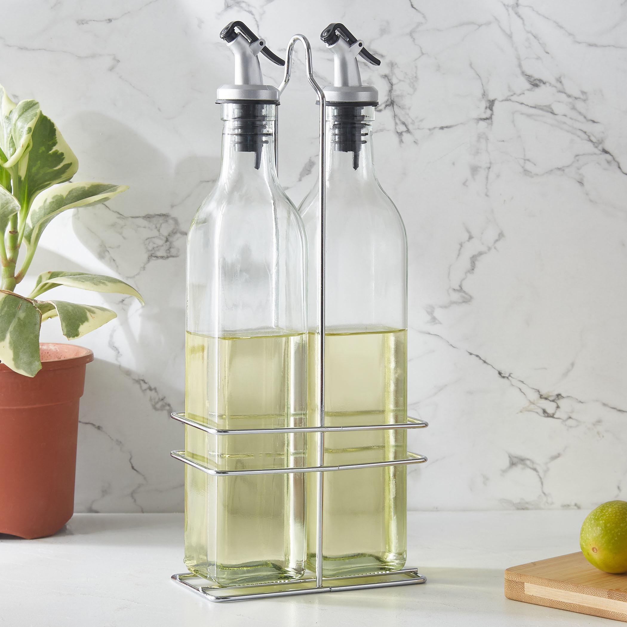 Pacific Blithe Set of 2 Glass Oil Bottles with Stand - 500ml in Transparent