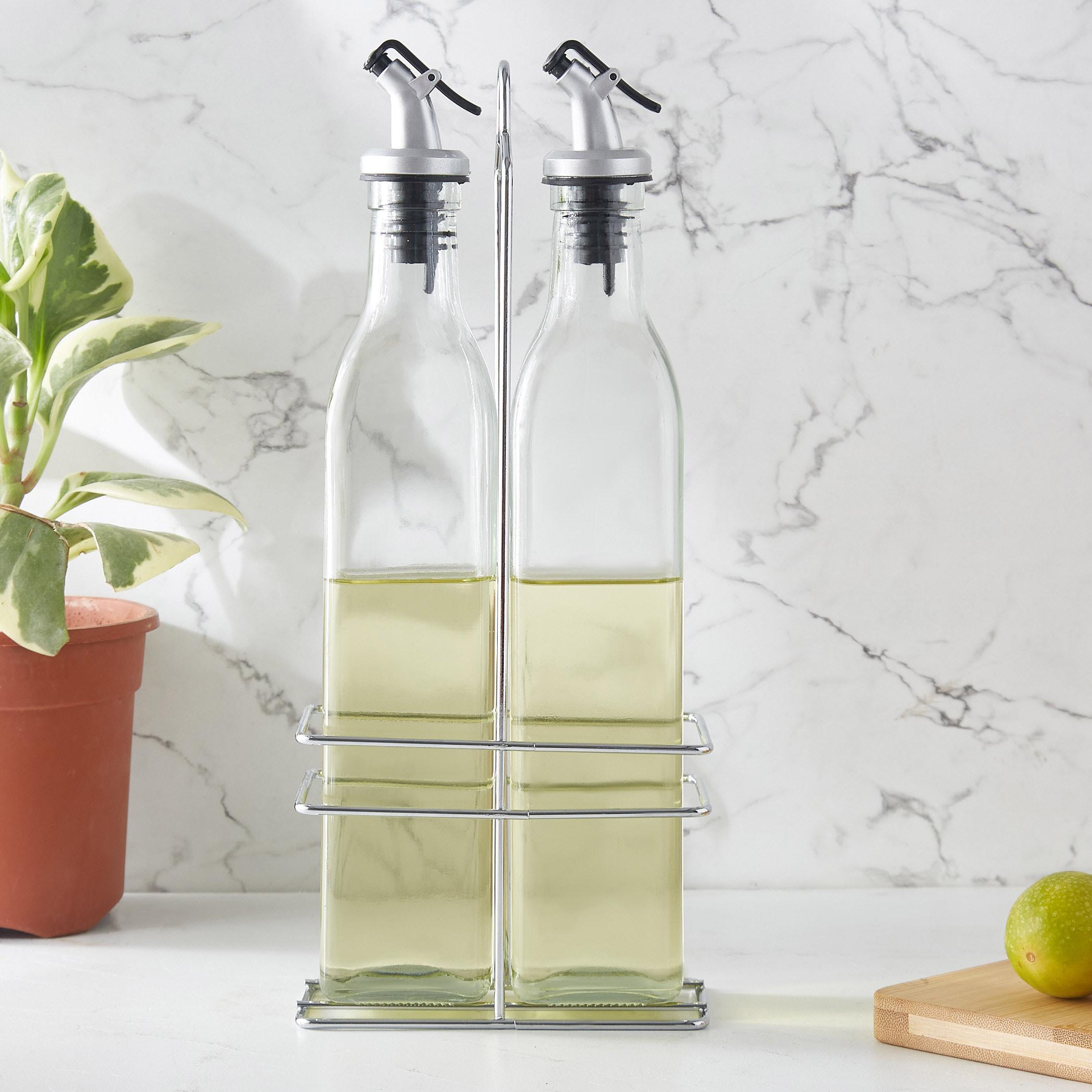 Pacific Blithe Set of 2 Glass Oil Bottles with Stand - 500ml in Transparent
