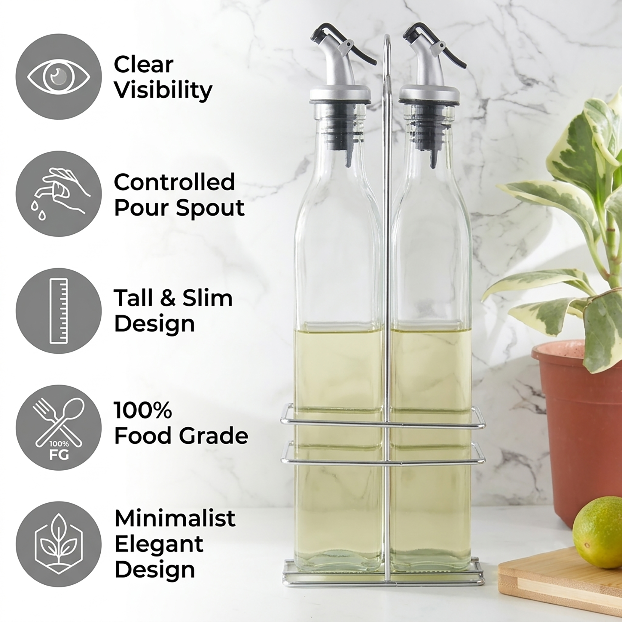 Pacific Blithe Set of 2 Glass Oil Bottles with Stand - 500ml in Transparent