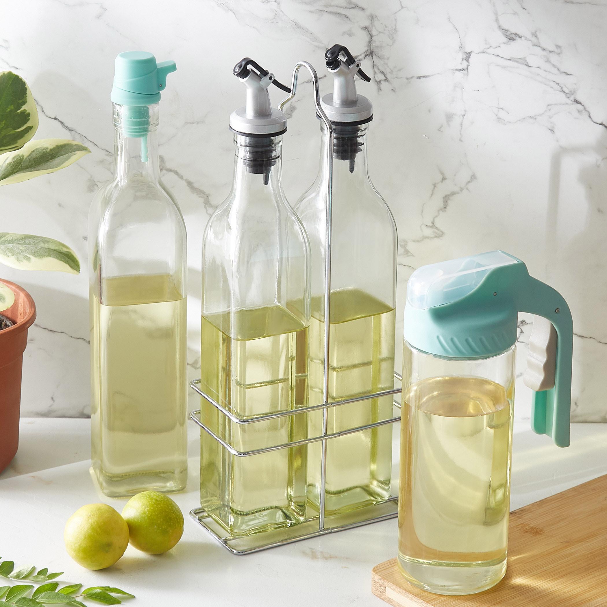 Pacific Blithe Set of 2 Glass Oil Bottles with Stand - 500ml in Transparent