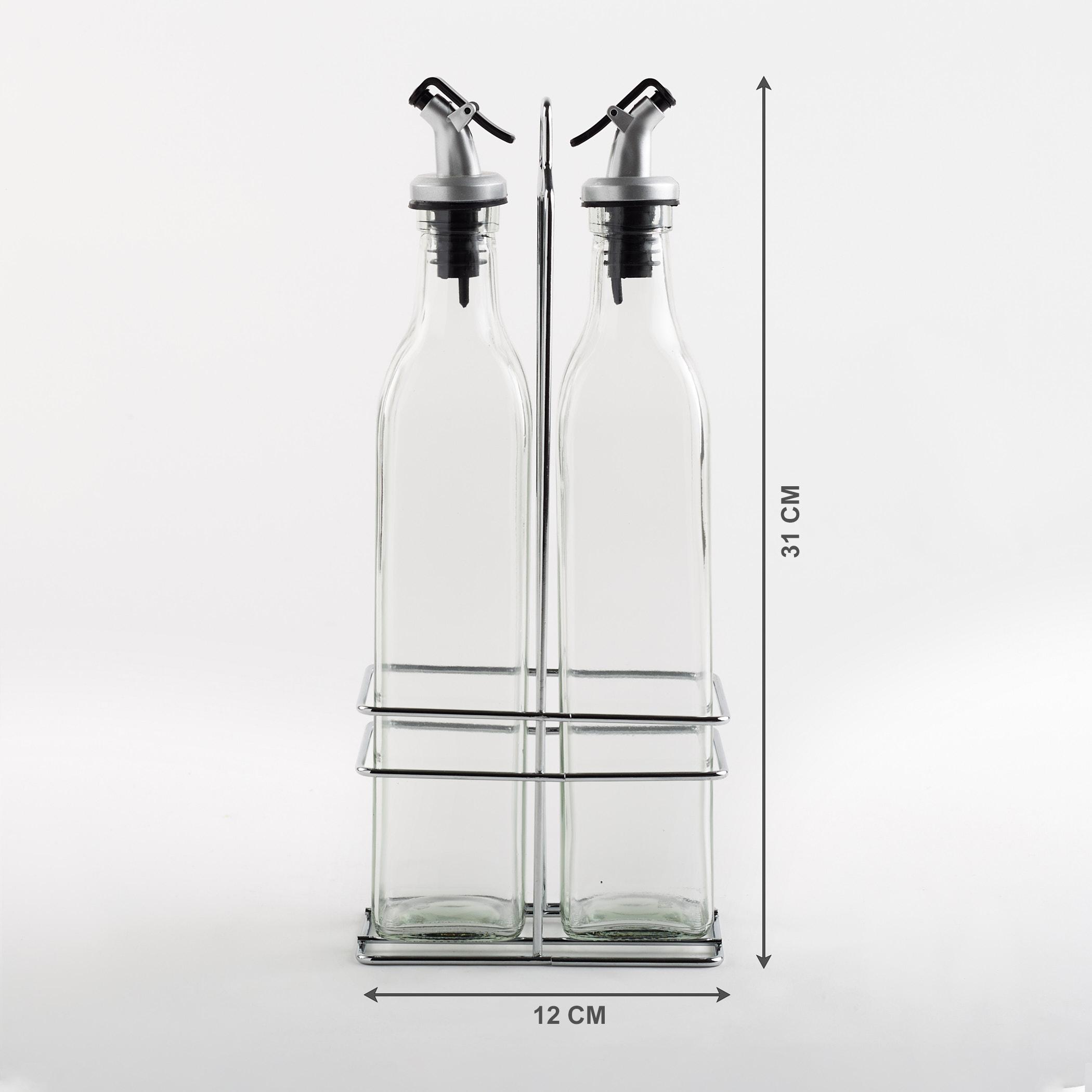 Pacific Blithe Set of 2 Glass Oil Bottles with Stand - 500ml in Transparent
