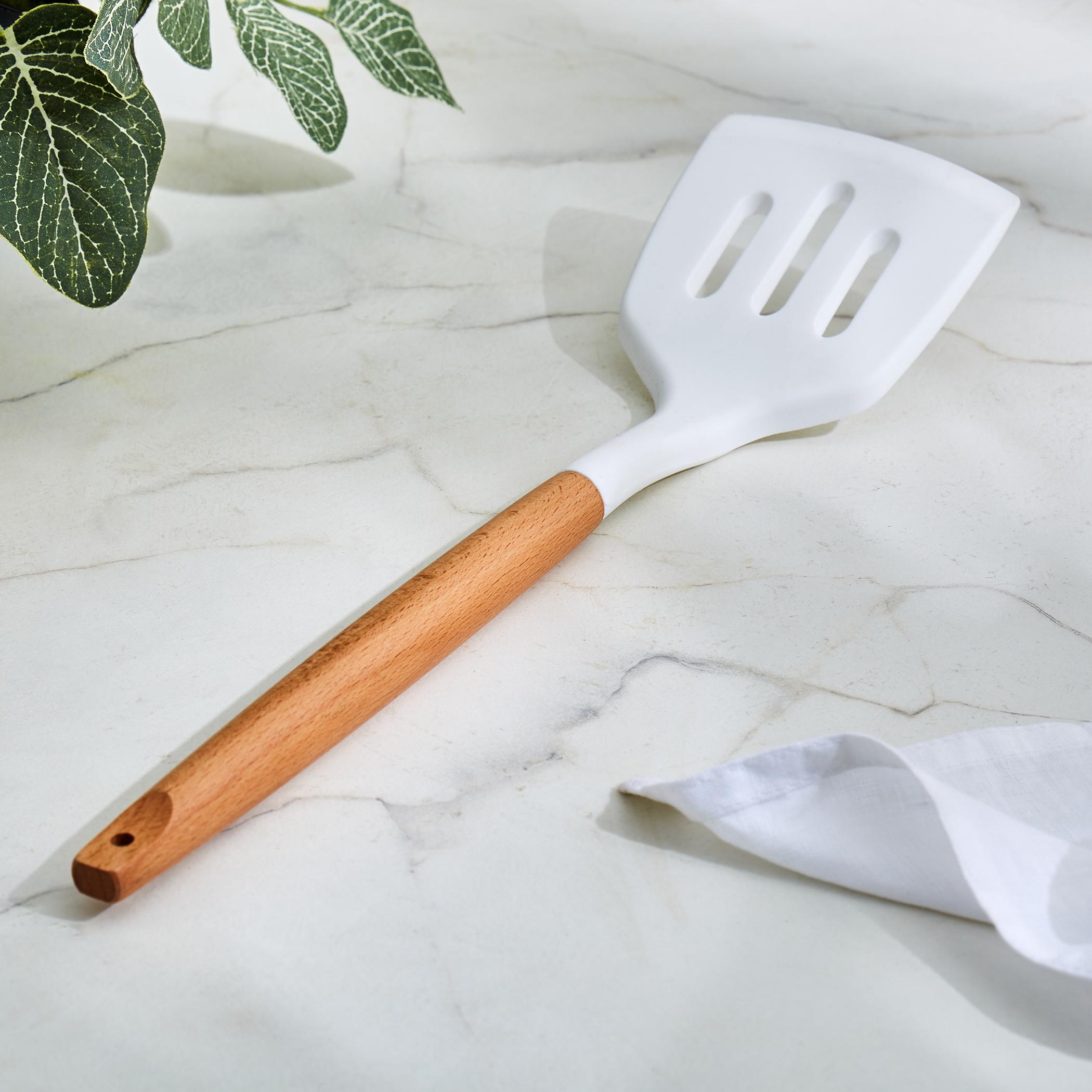 Marshmallow Aruba Silicone Slotted Turner with Wooden Handle in White