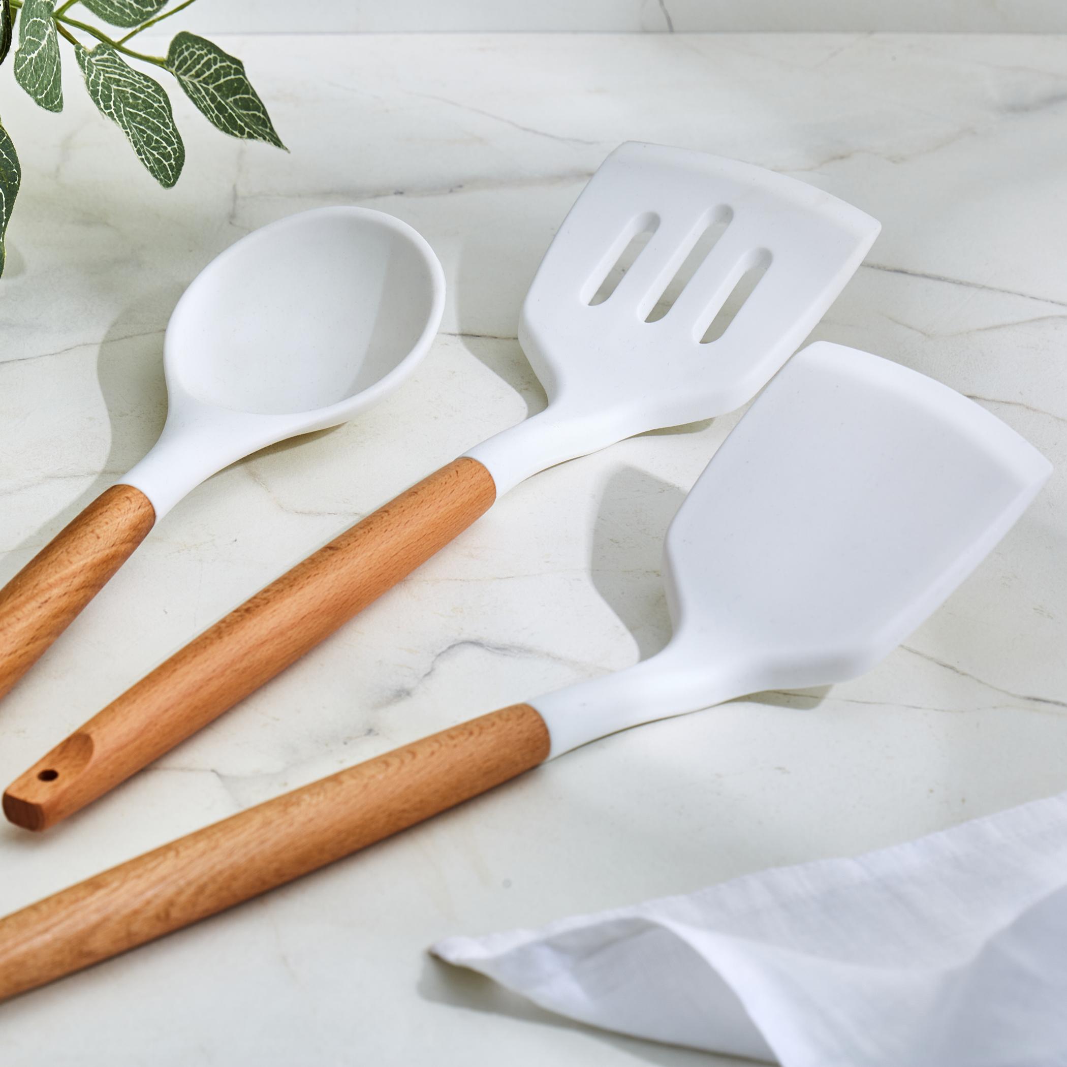 Marshmallow Aruba Silicone Slotted Turner with Wooden Handle in White