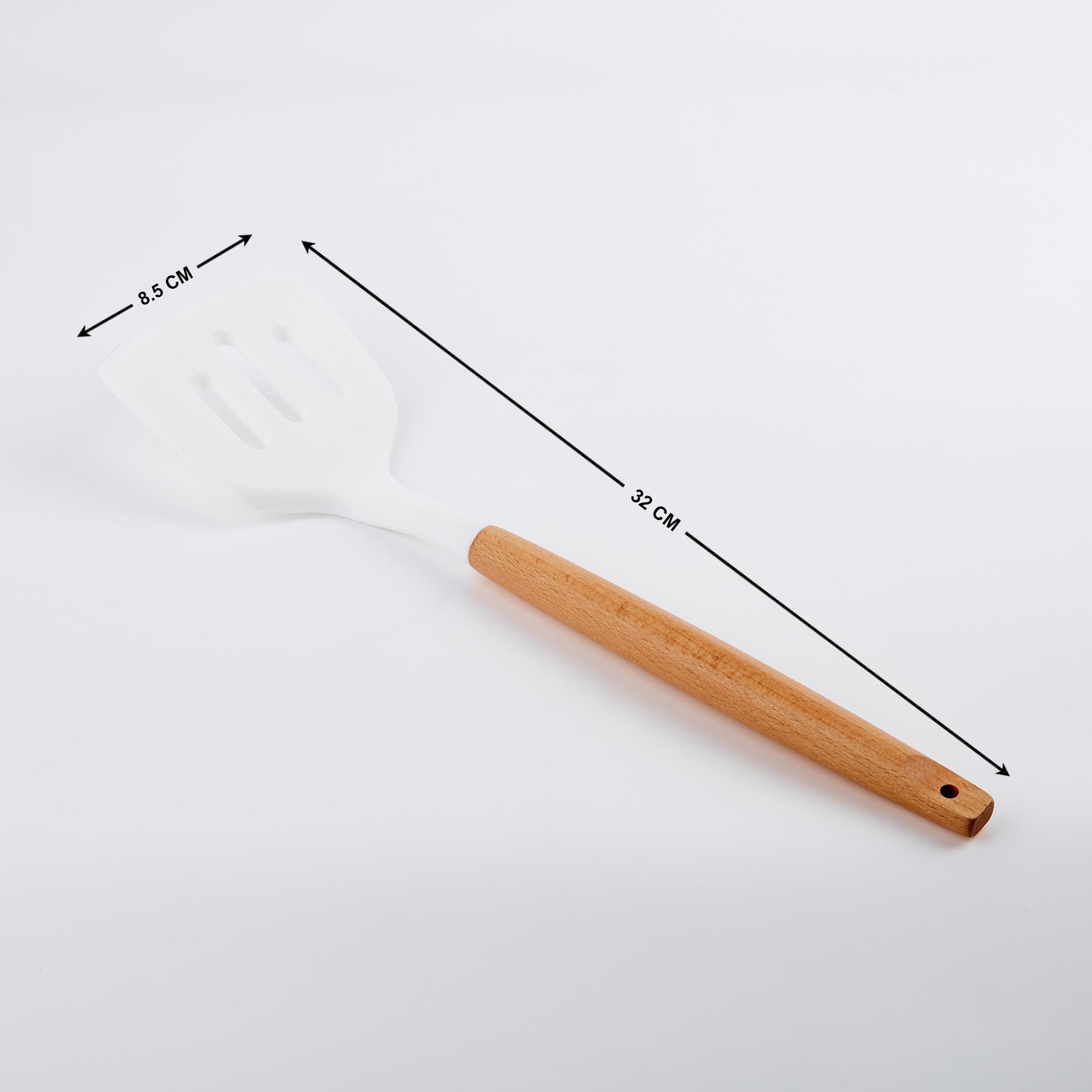 Marshmallow Aruba Silicone Slotted Turner with Wooden Handle in White