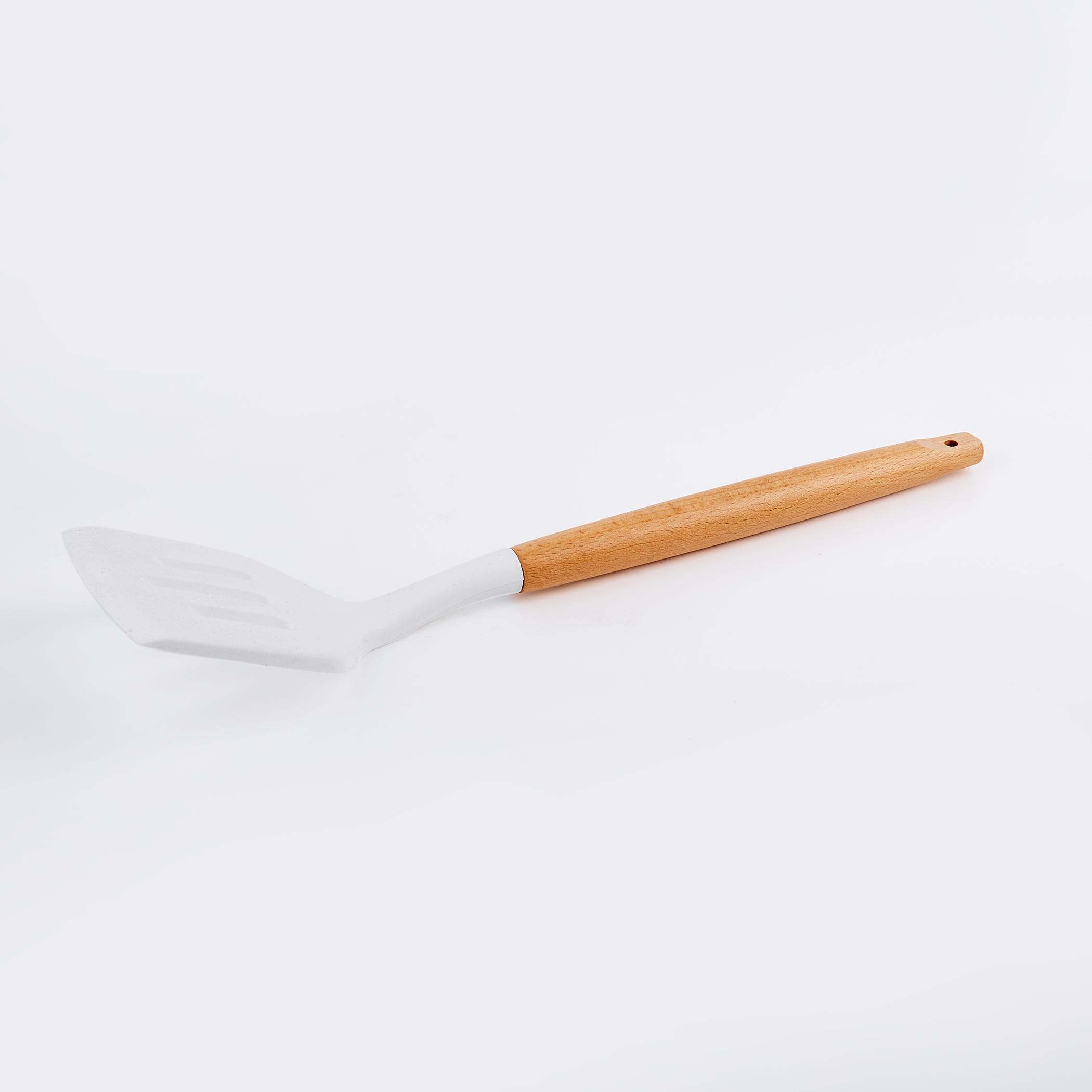 Marshmallow Aruba Silicone Slotted Turner with Wooden Handle in White