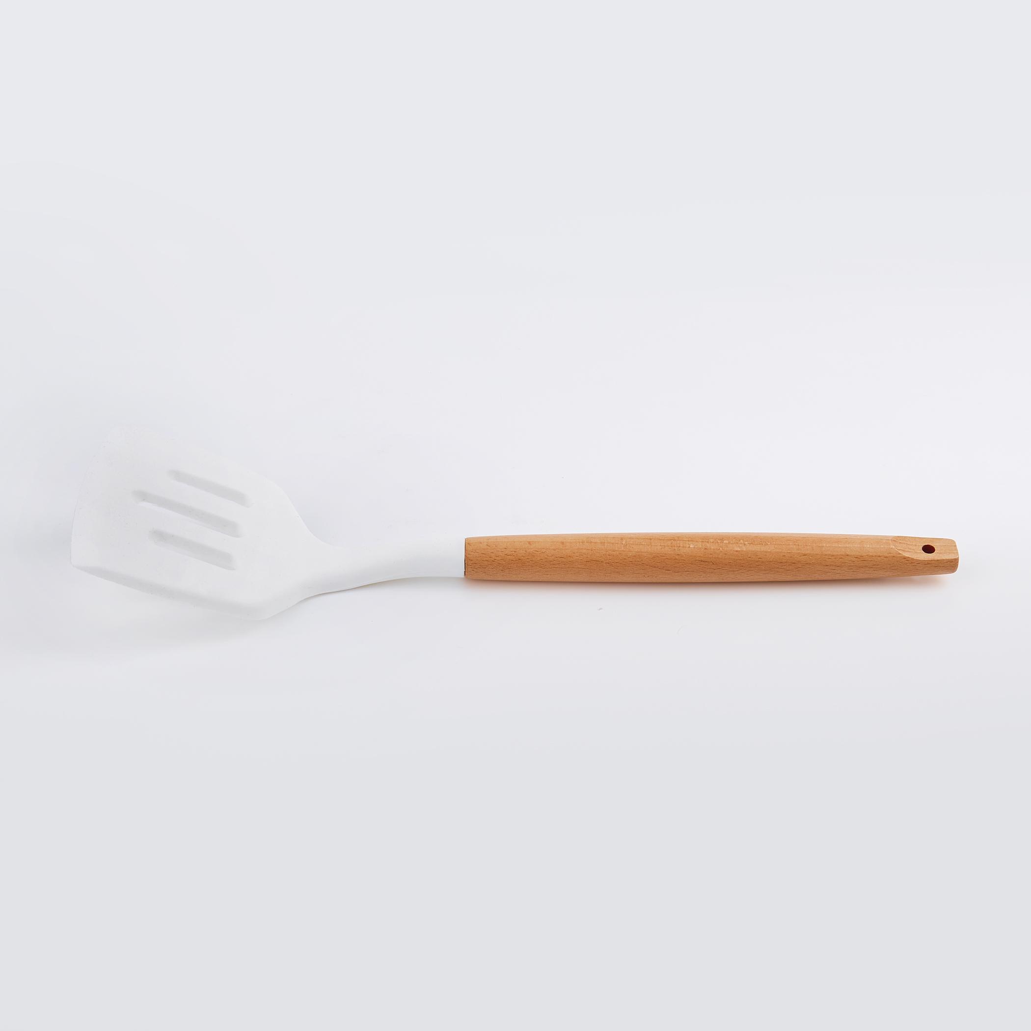 Marshmallow Aruba Silicone Slotted Turner with Wooden Handle in White