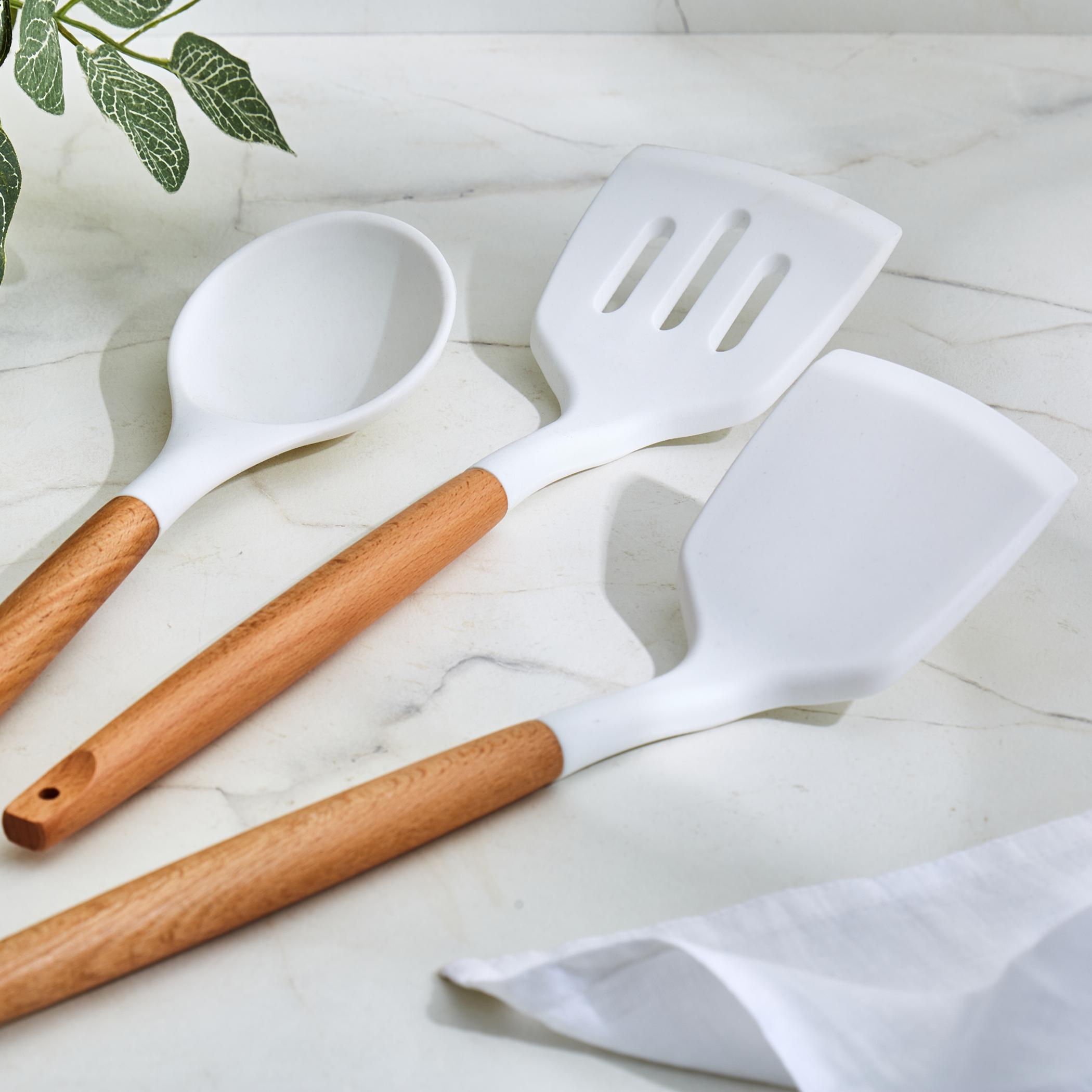 Marshmallow Aruba Silicone Turner with Wooden Handle in White