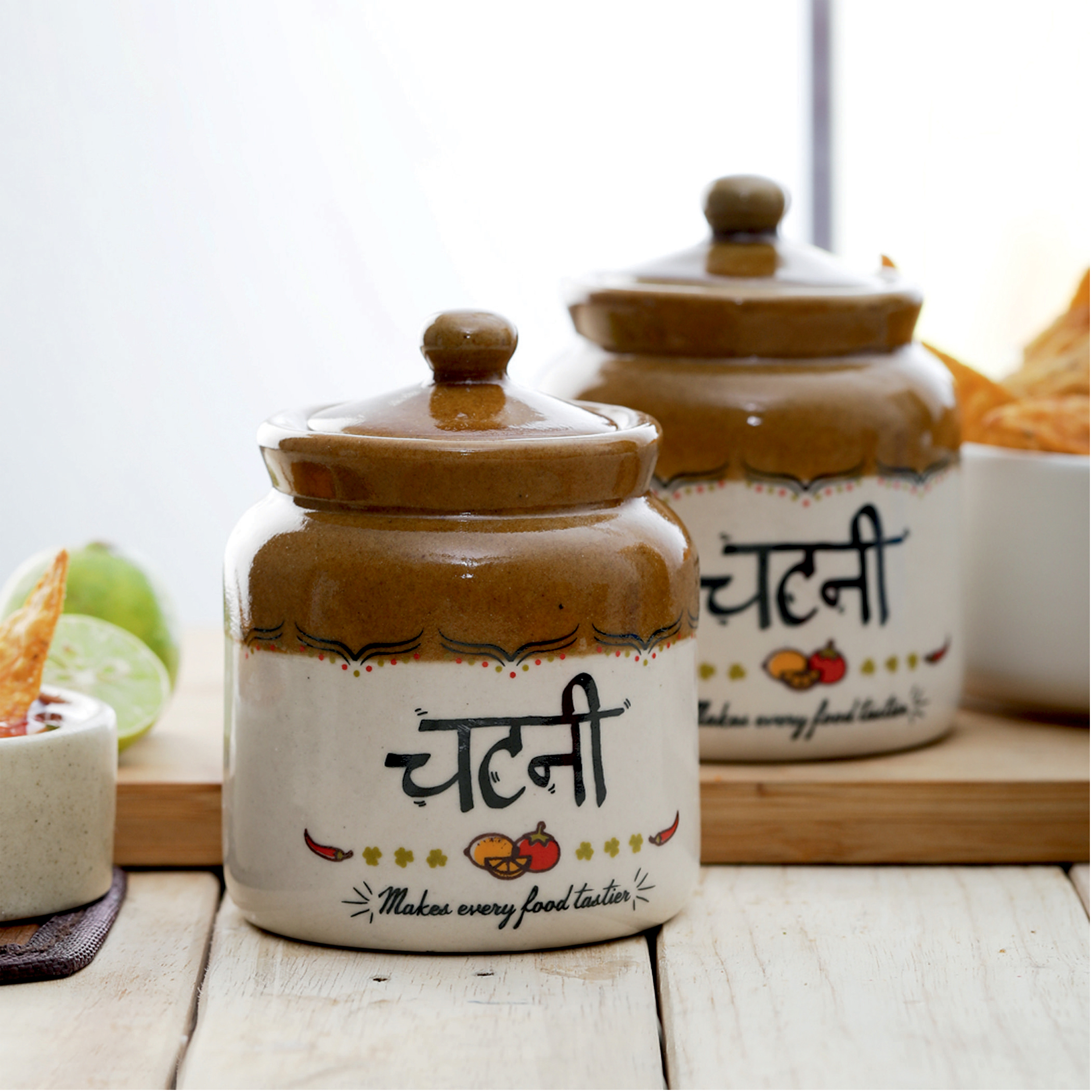EK DO DHAI Set of 2 Ceramic Chutney Jars - 300ml in Brown