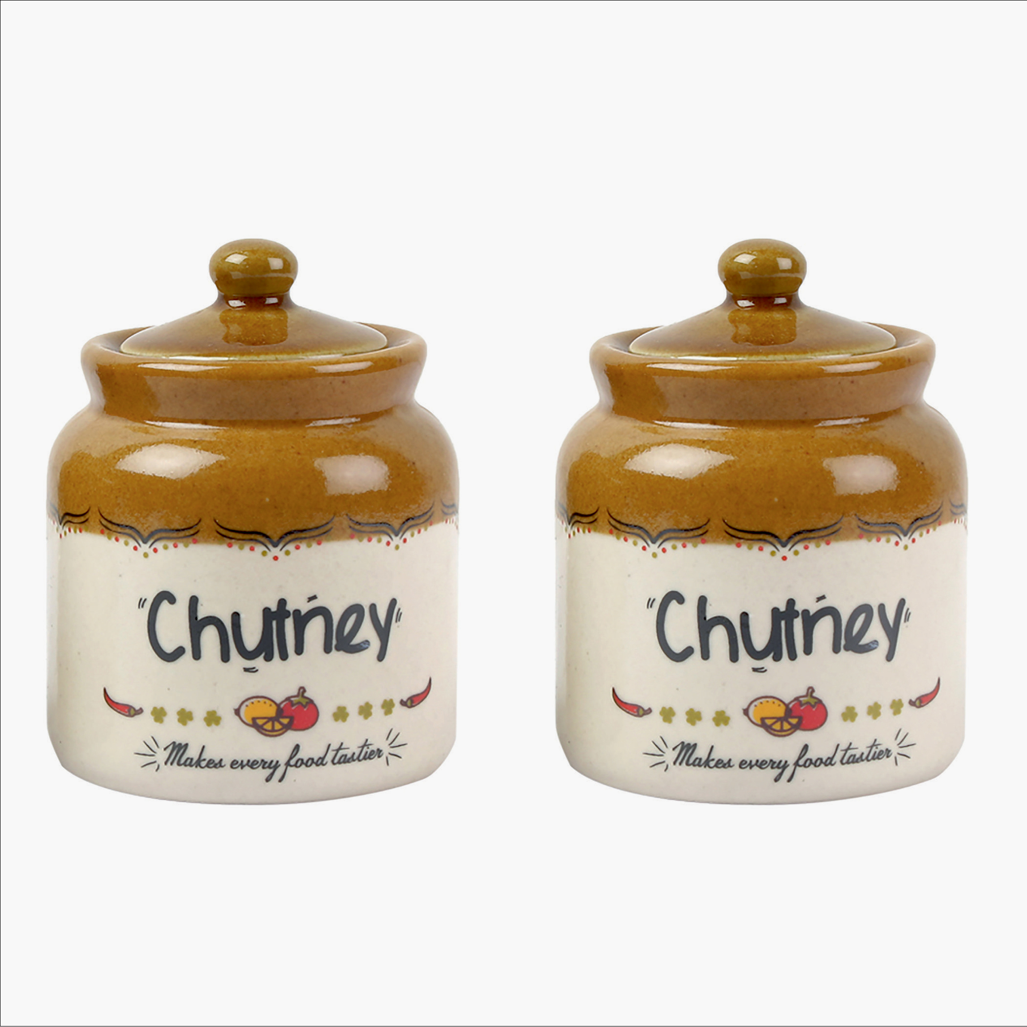 EK DO DHAI Set of 2 Ceramic Chutney Jars - 300ml in Brown