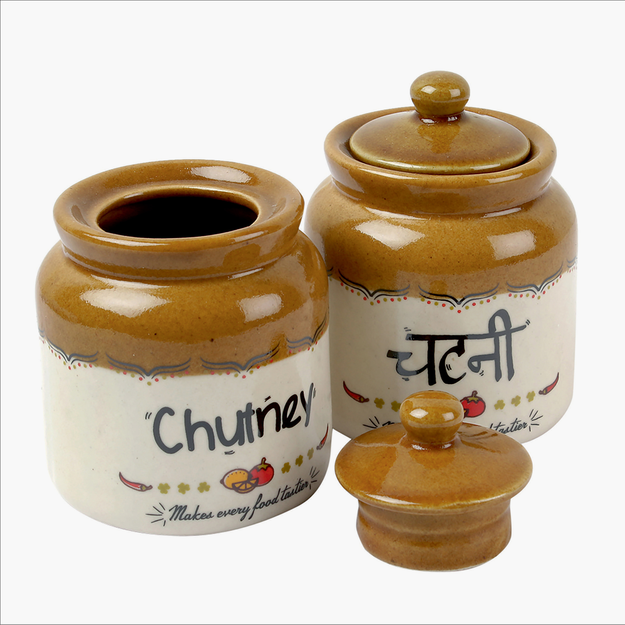 EK DO DHAI Set of 2 Ceramic Chutney Jars - 300ml in Brown