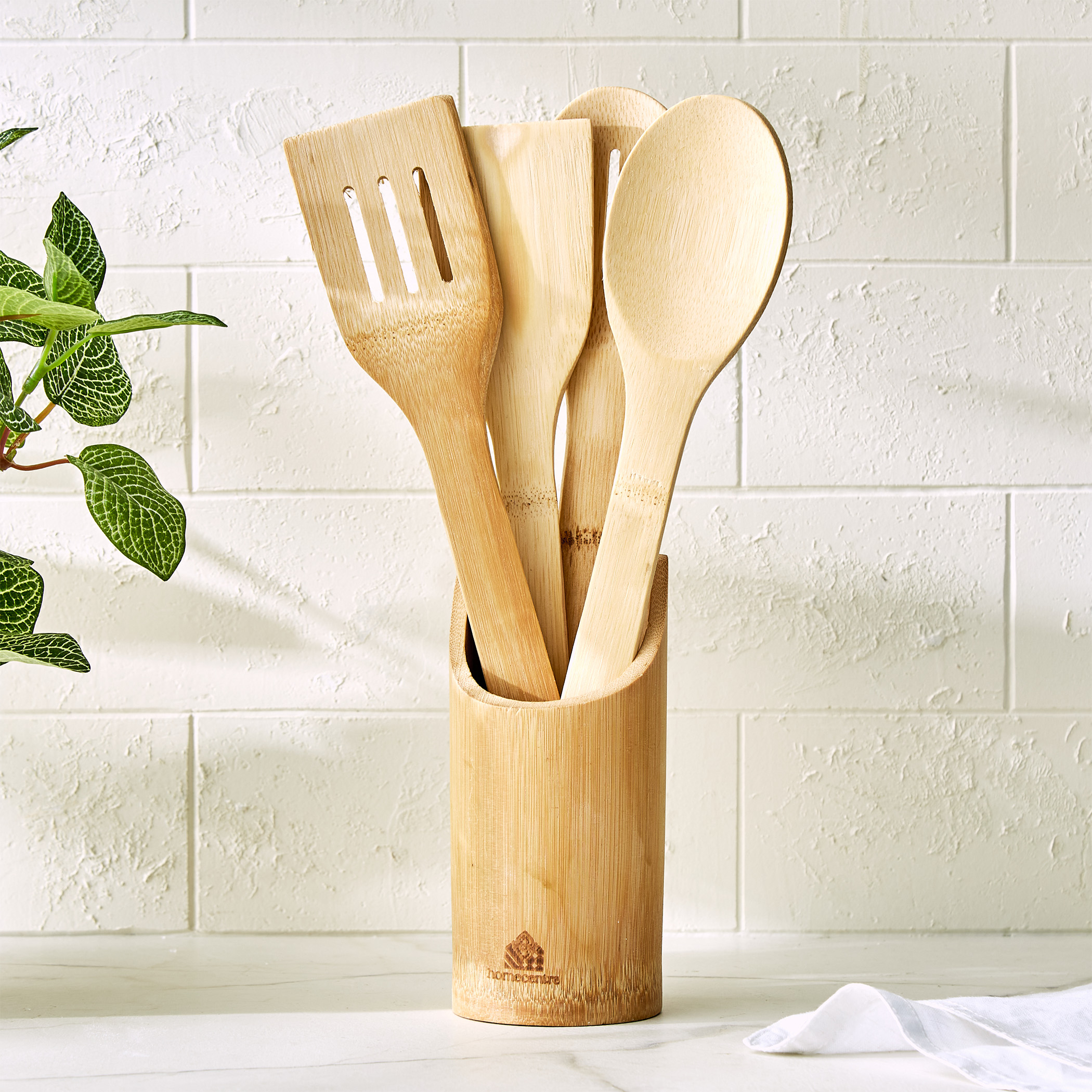 Chef Cubis Edulis 5Pc Bamboo Cutlery Set with Holder in Brown