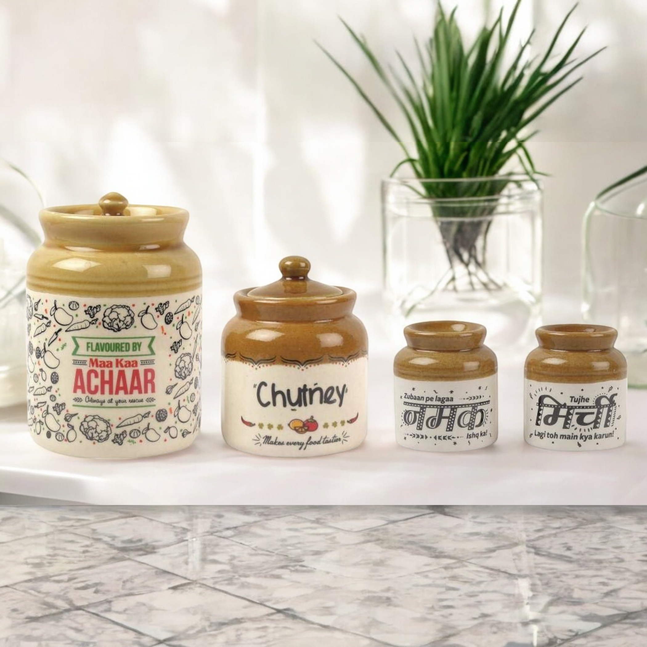 EK DO DHAI 4Pcs Ceramic Barni Jars in Beige