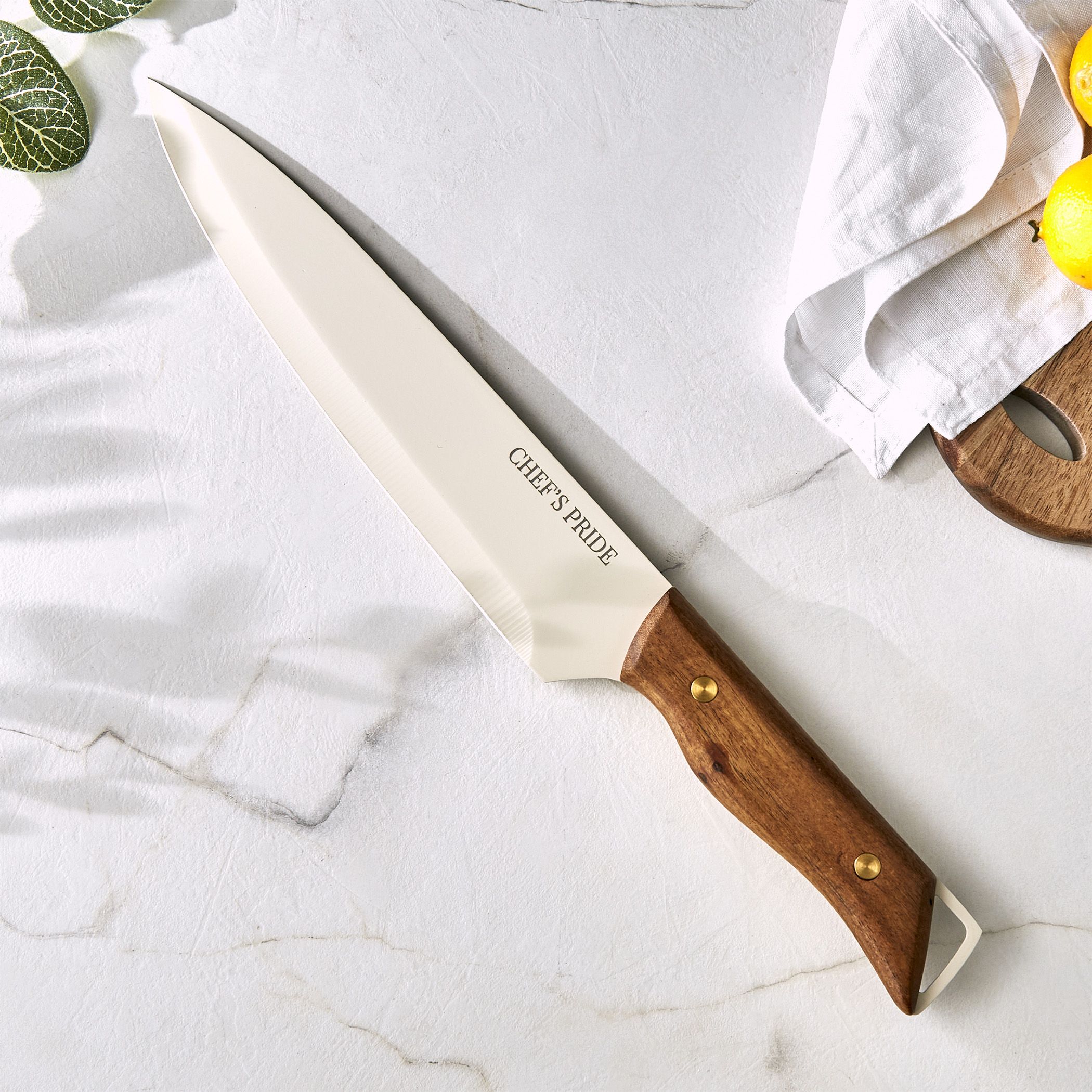 Chefs Pride Hampton Stainless Steel Chef Knife with Acacia Wood Handle in Brown