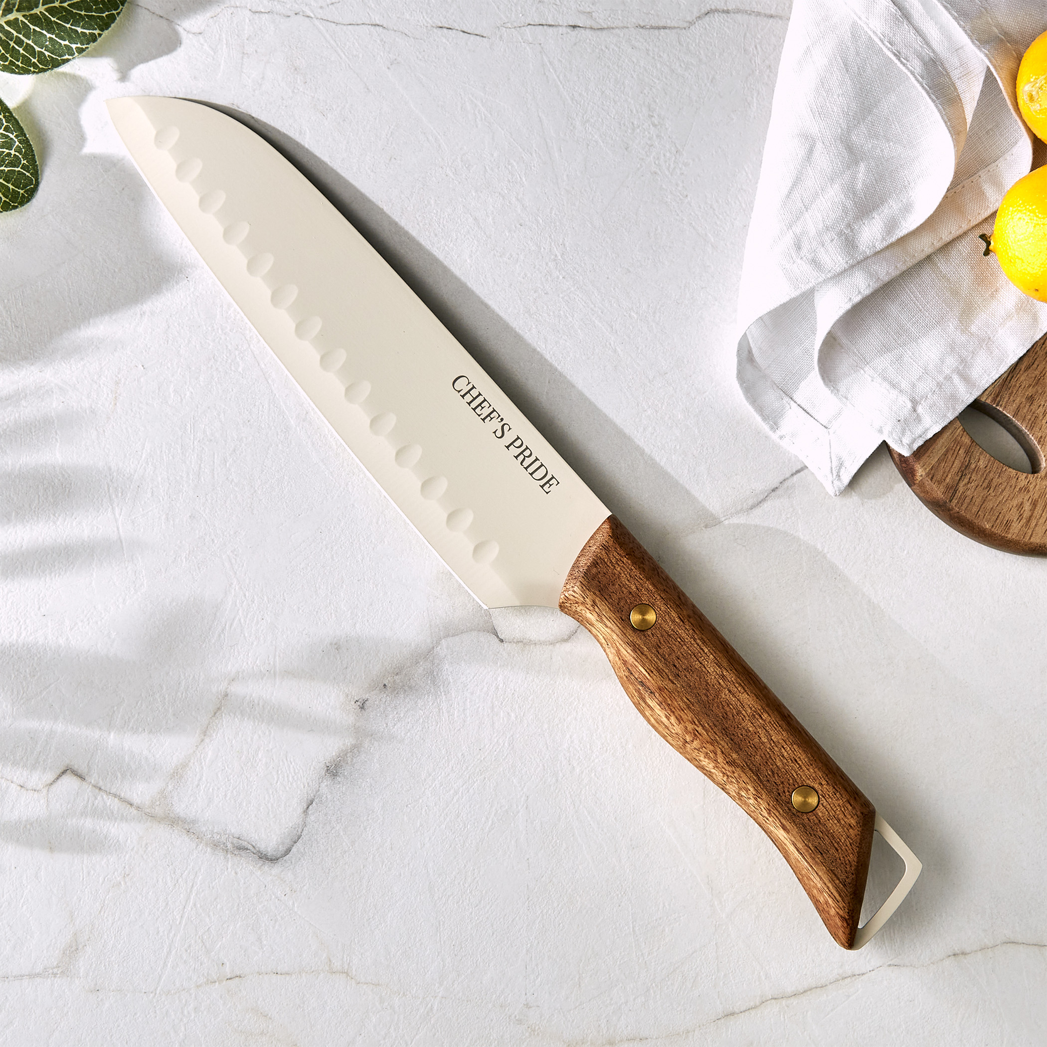 Chefs Pride Hampton Stainless Steel Santoku Knife with Acacia Wood Handle in Brown