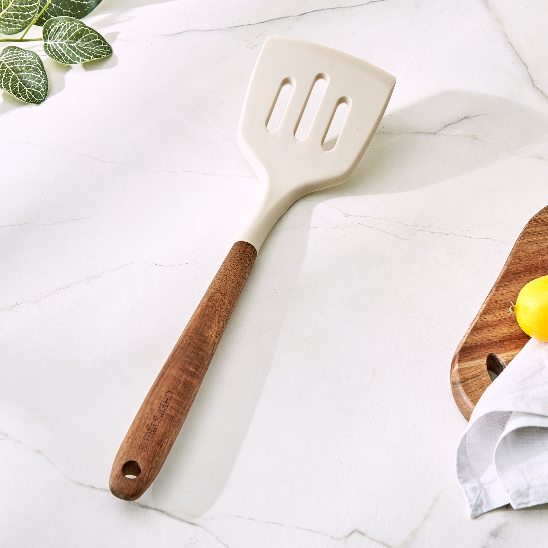 Chefs Pride Zeta Silicone Slotted Turner with Wooden Handle in Cream