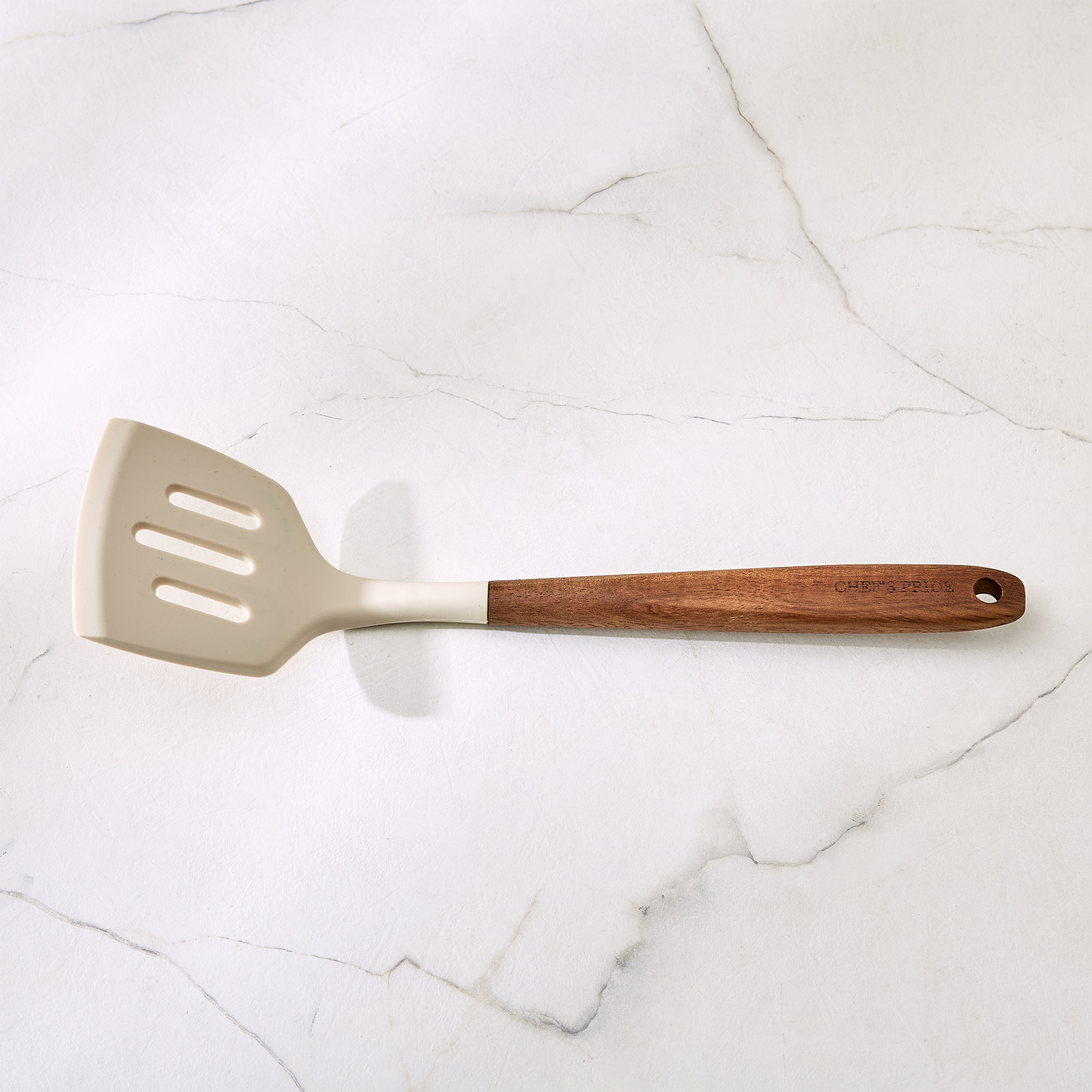 Chefs Pride Zeta Silicone Slotted Turner with Wooden Handle in Cream
