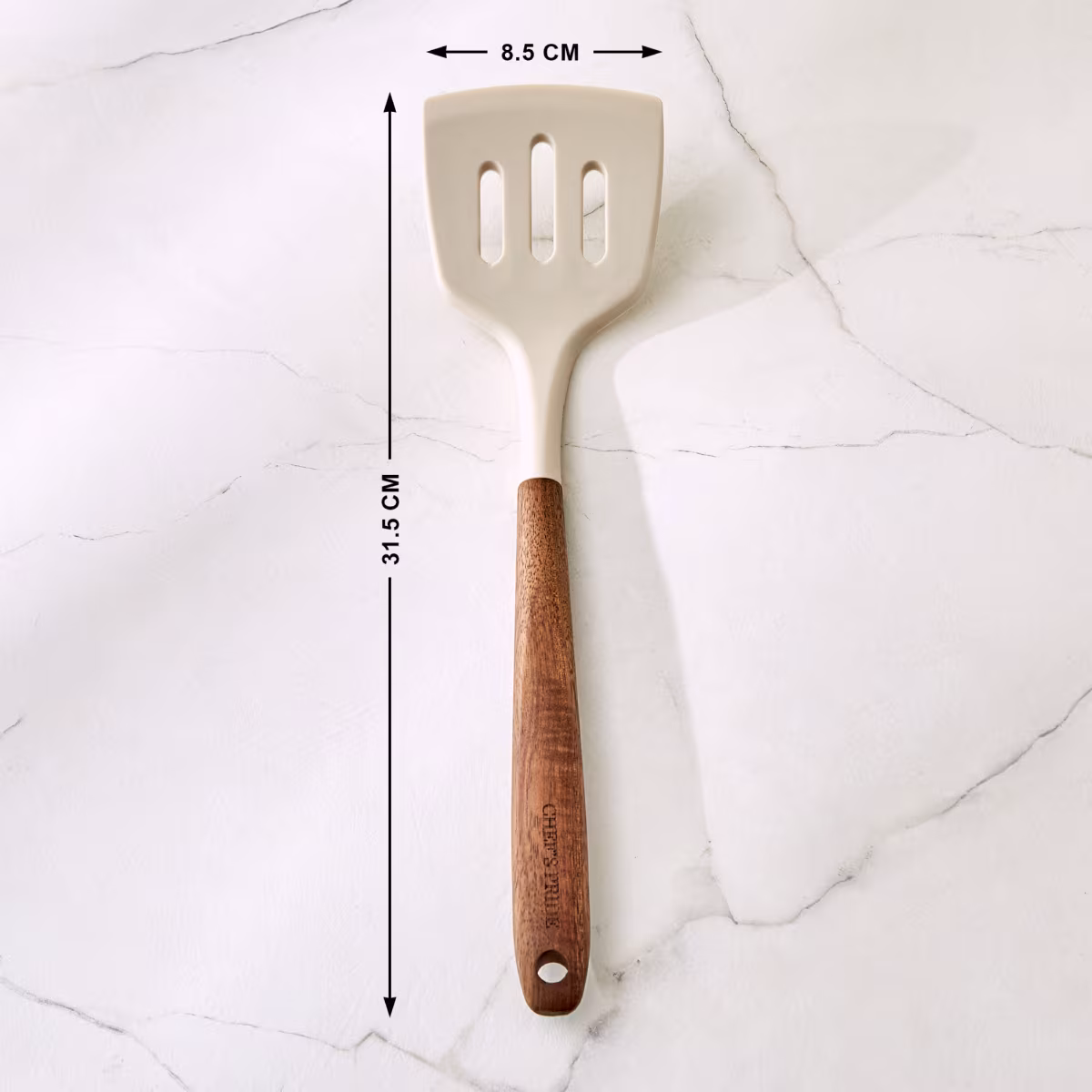 Chefs Pride Zeta Silicone Slotted Turner with Wooden Handle in Cream