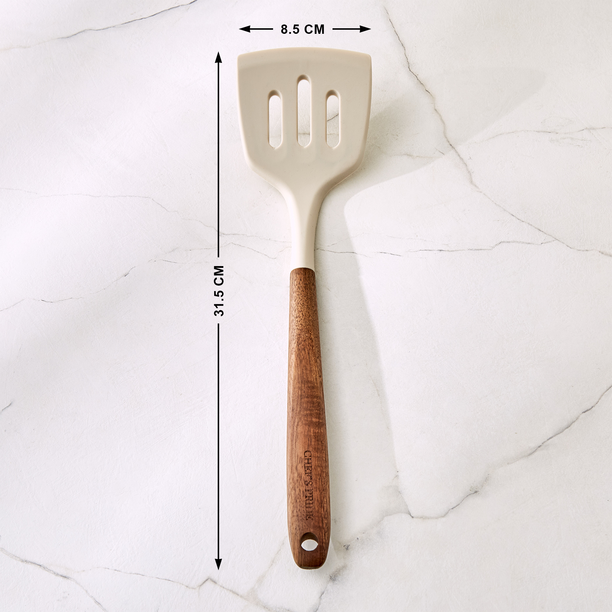 Chefs Pride Zeta Silicone Slotted Turner with Wooden Handle in Cream