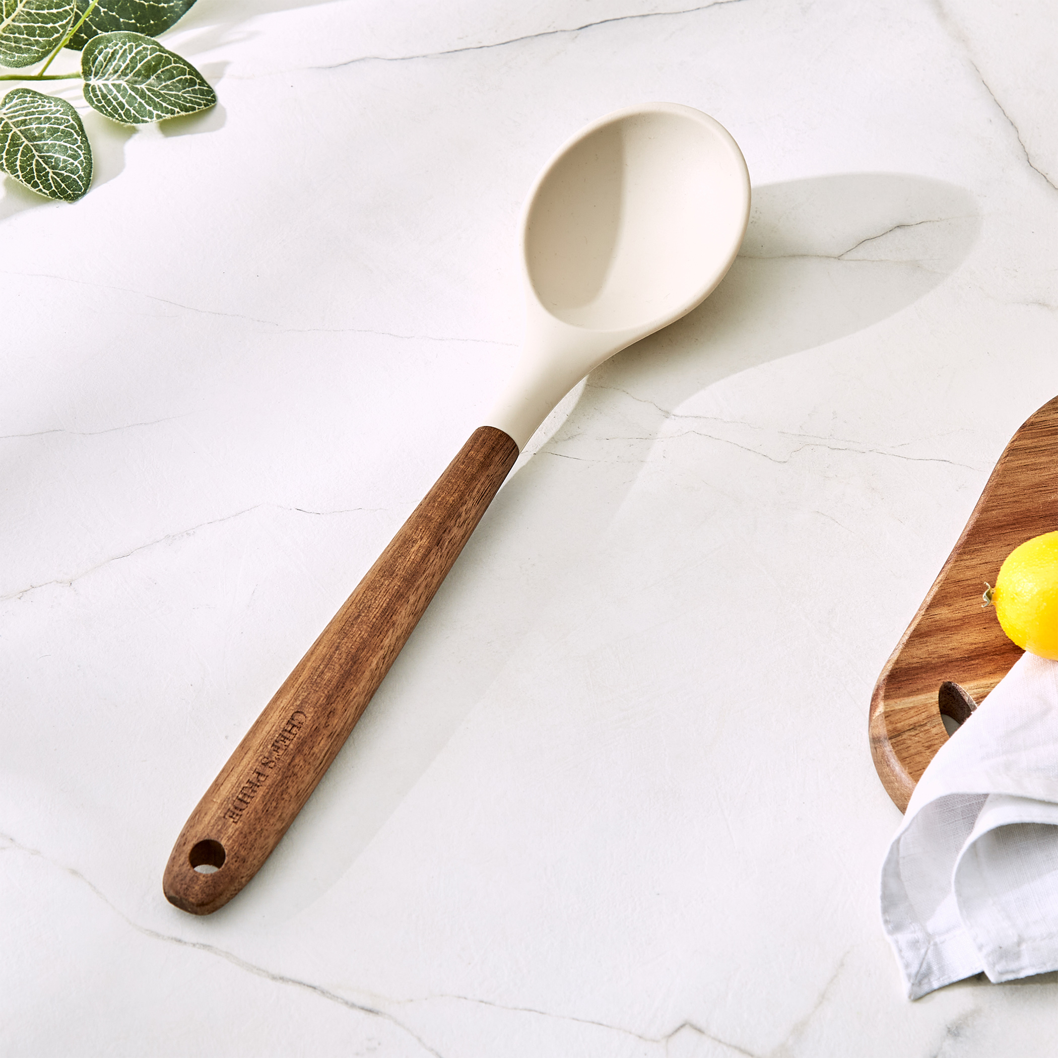 Chefs Pride Zeta Silicone Spoon with Wooden Handle in Cream