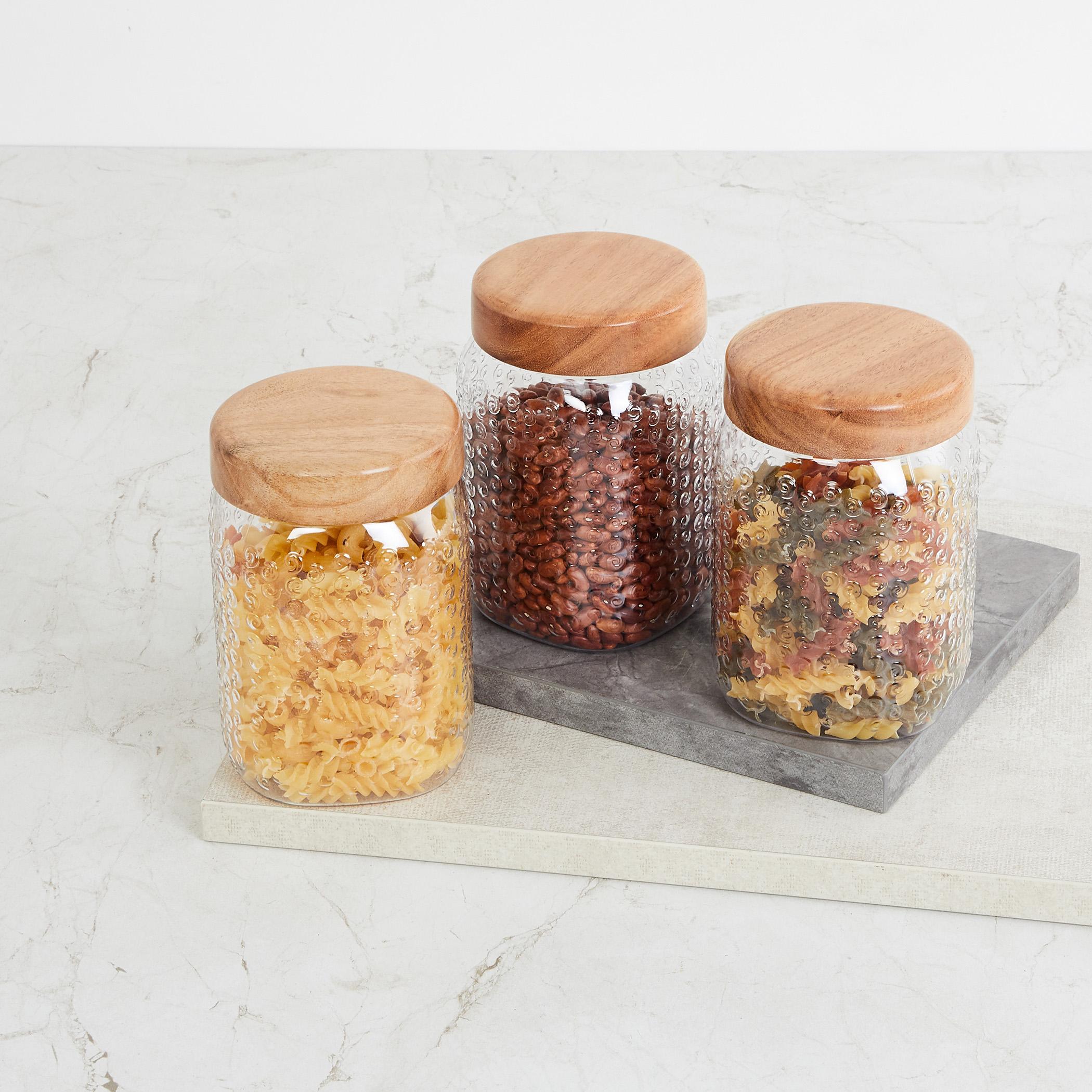 Corsica Elfin Set of 3 Wooden Lid Pet Jars - 900ml in Transparent