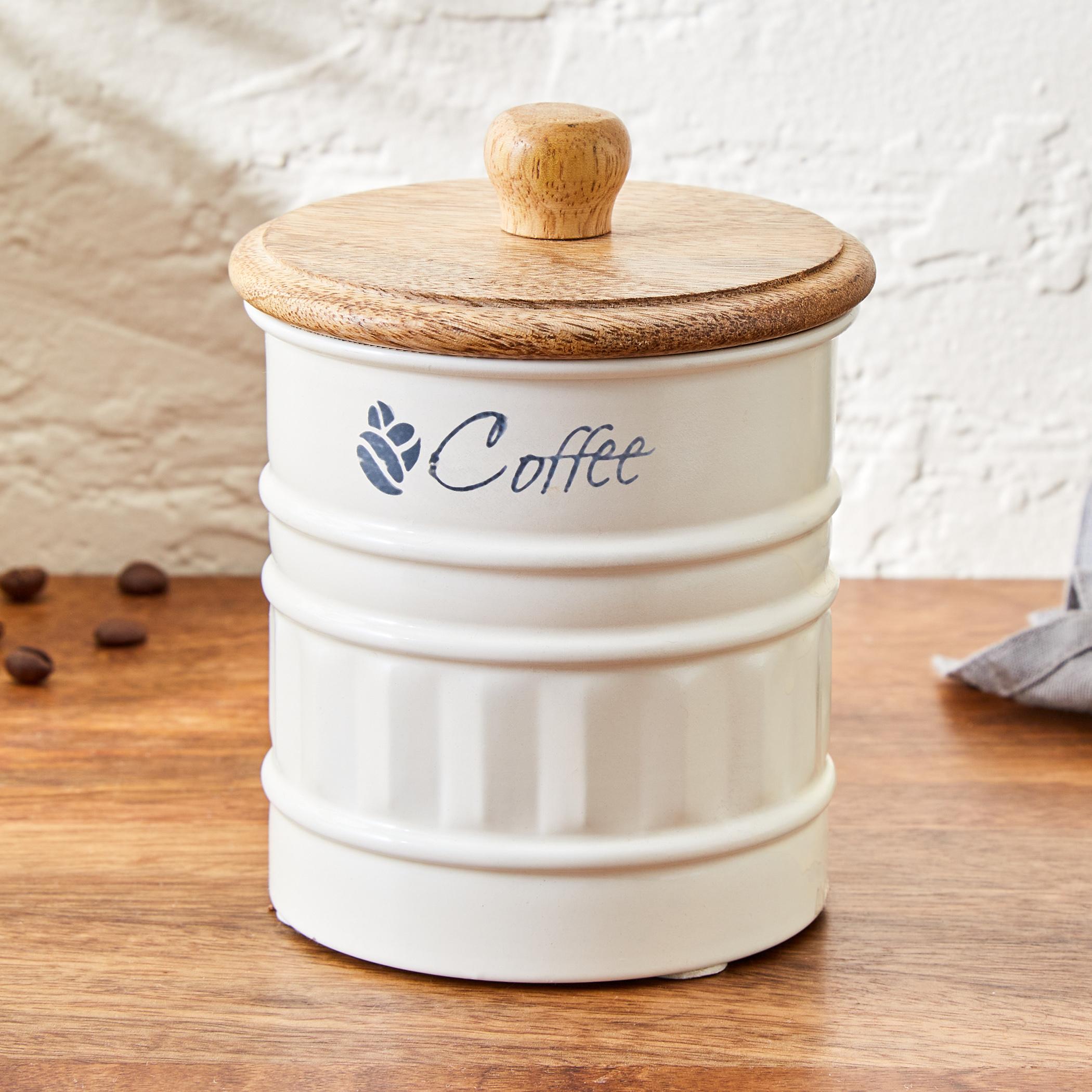 Mirage Metal Coffee Storage Canister With Mango Wood Lid in Offwhite