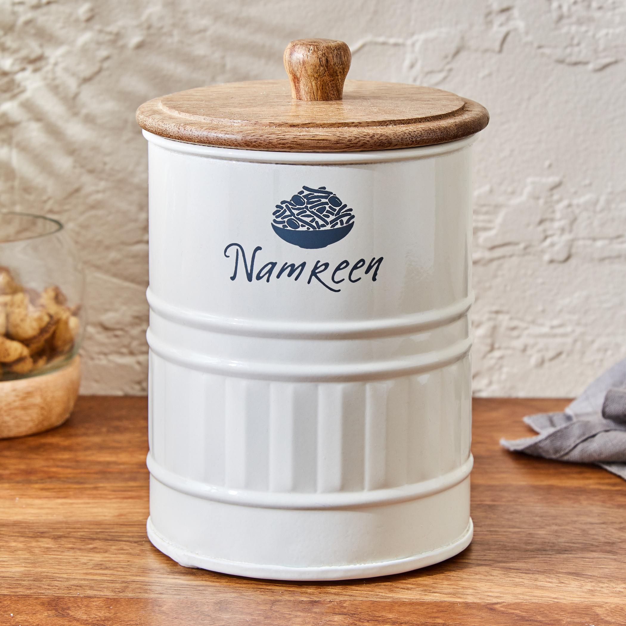 Mirage Iron Namkeen Canister with Mango Wood Lid in Cream