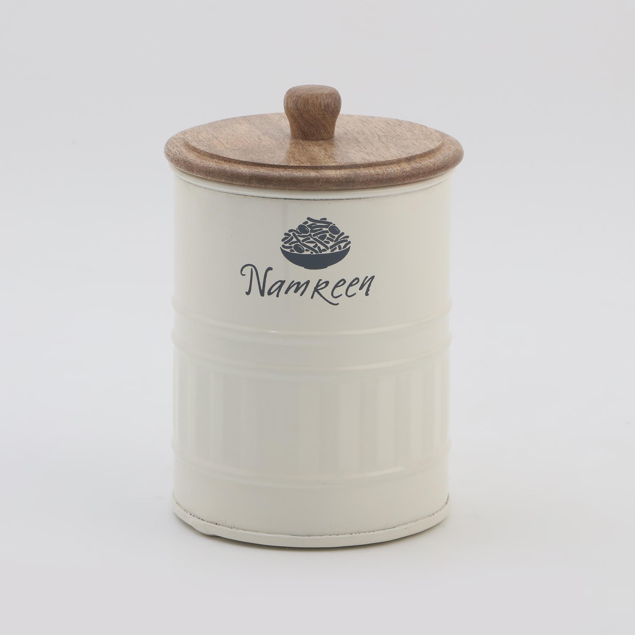 Mirage Iron Namkeen Canister with Mango Wood Lid in Cream